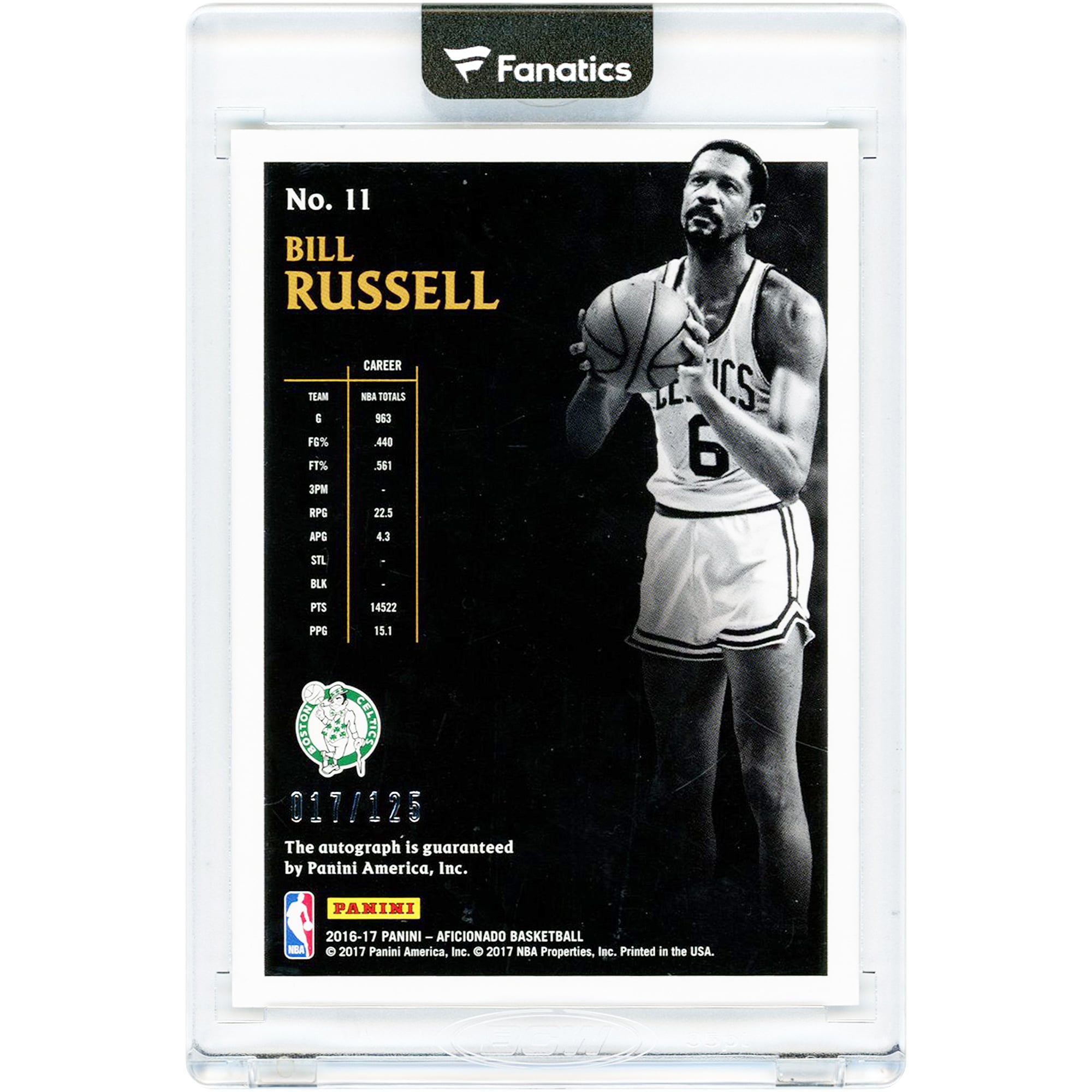 Carte autographiée de Bill Russell (Boston Celtics) 2016-17 Panini Aficionado n° 11