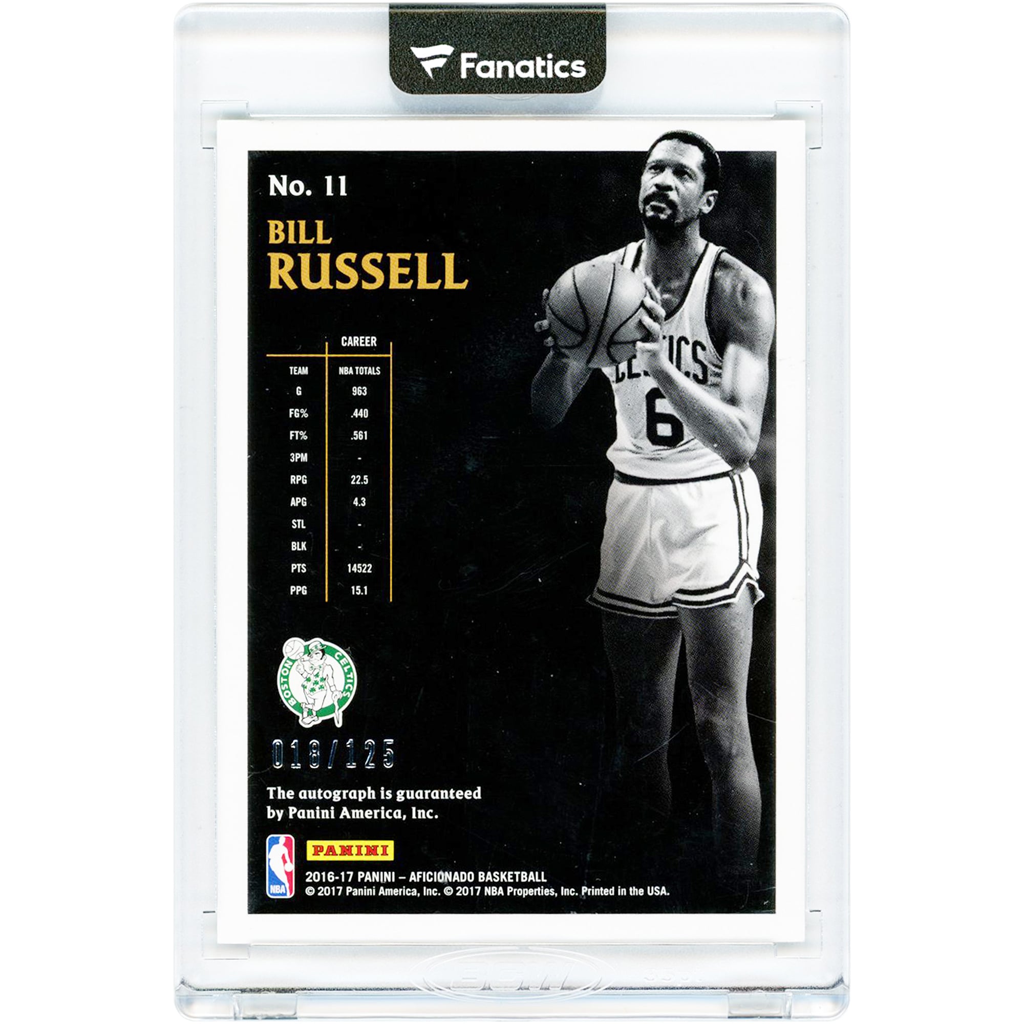 Bill Russell Boston Celtics Autographed 2016-17 Panini Aficionado #11 #18/125 Card