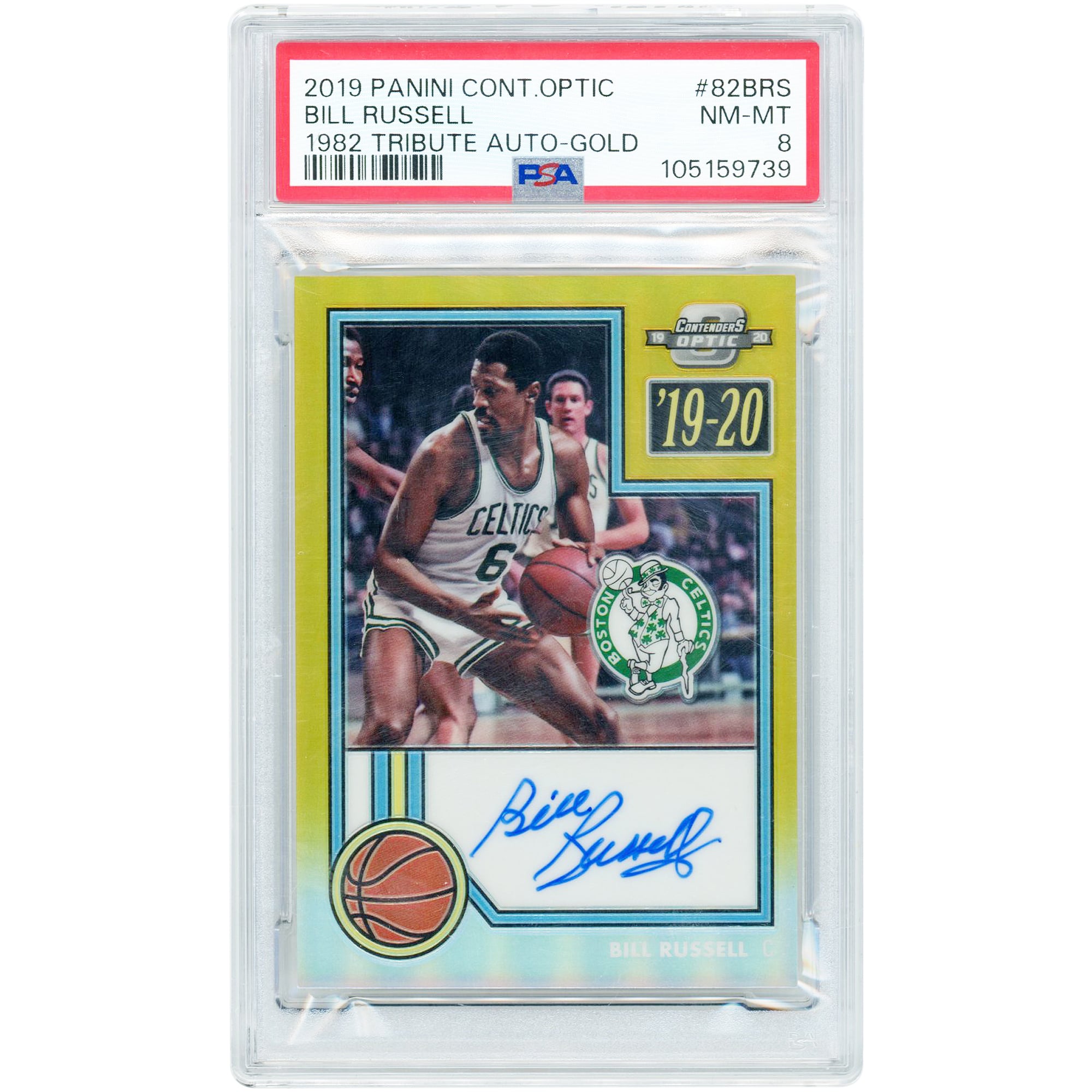Bill Russell Boston Celtics Autographed 2019-20 Panini Contenders Optic '82 Tribute Gold Prizm #82-BRS #9/10 PSA Authenticated 8 Card