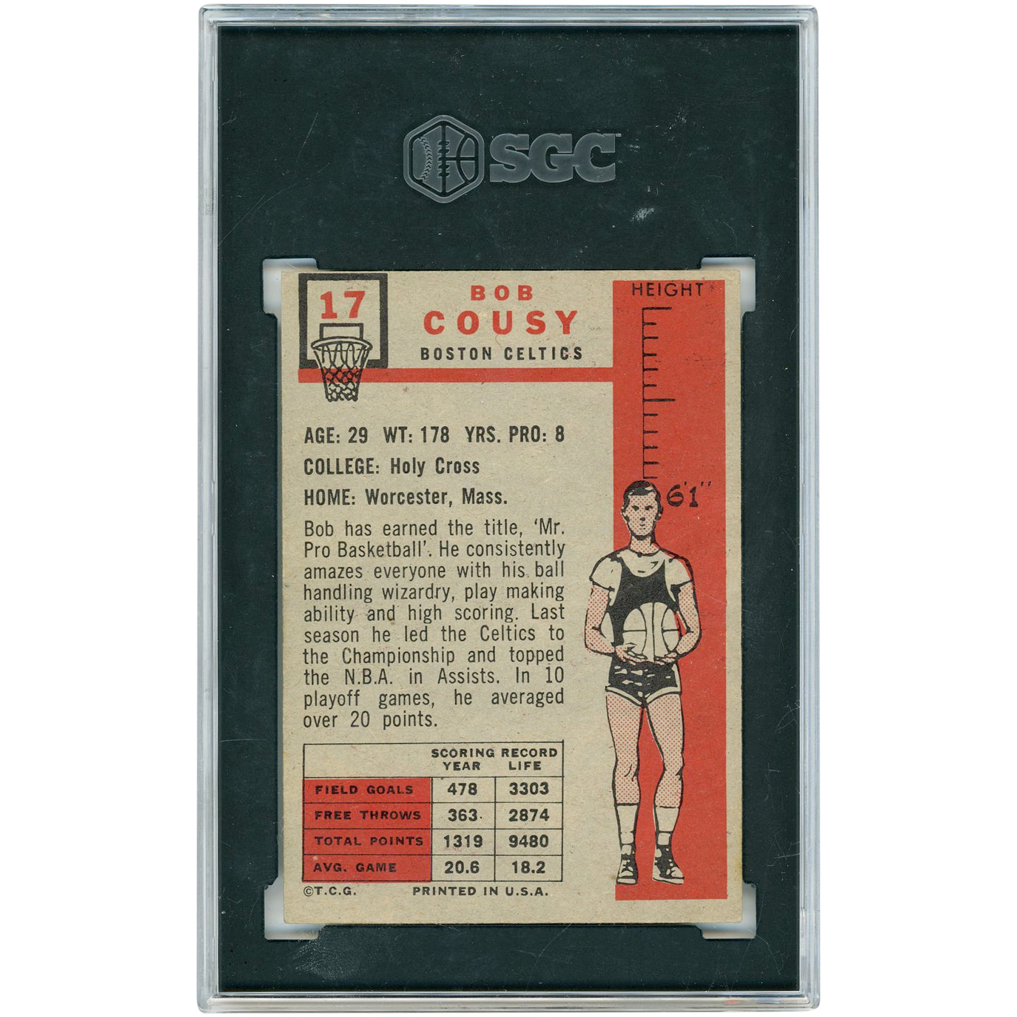 Bob Cousy Boston Celtics 1957-58 Topps #17 SGC Authenticated 4 Rookie Card