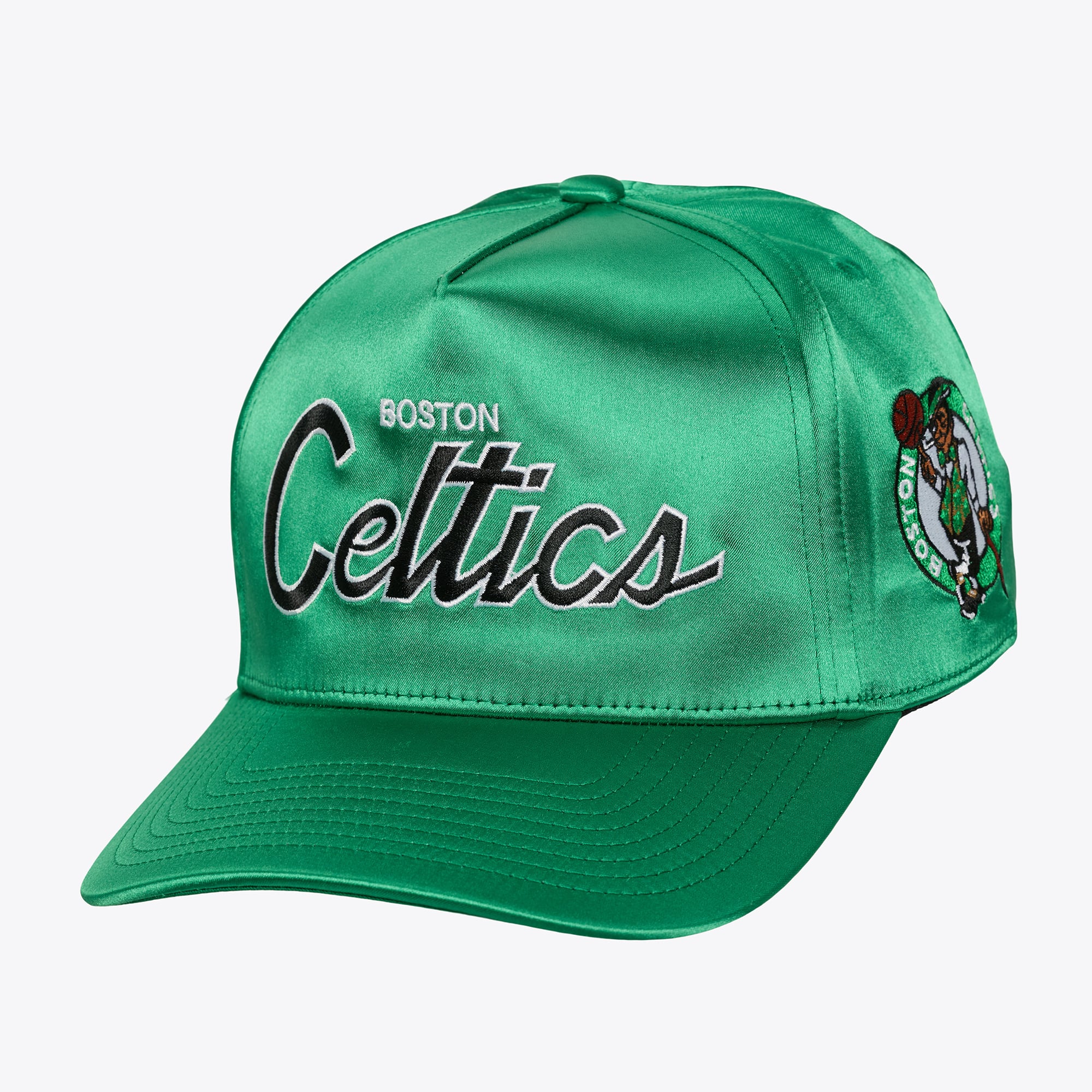 Boston Celtics Kelly Green Satin Script Pro Pinch Snapback Hat