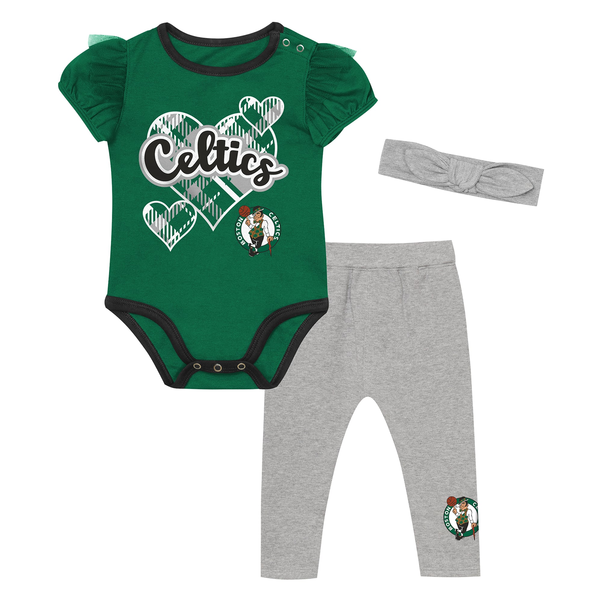Ensemble body, pantalon et bandeau Outerstuff vert Kelly/gris Boston Celtics pour bébé fille, motif cœur de l'équipe