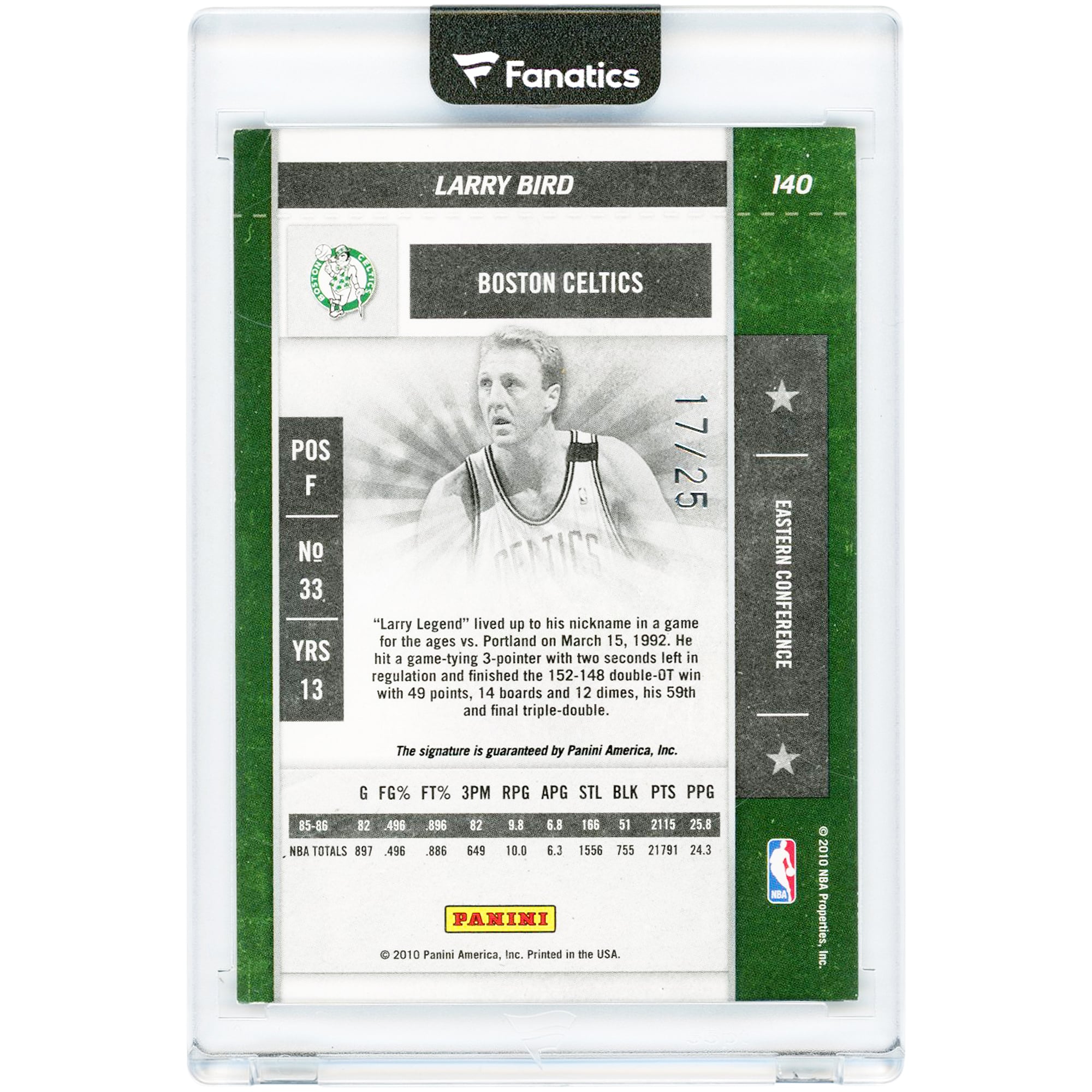 Carte autographiée de Larry Bird (Boston Celtics) - Playoff Contenders Classic 2009-10, n° 140, n° 17/25