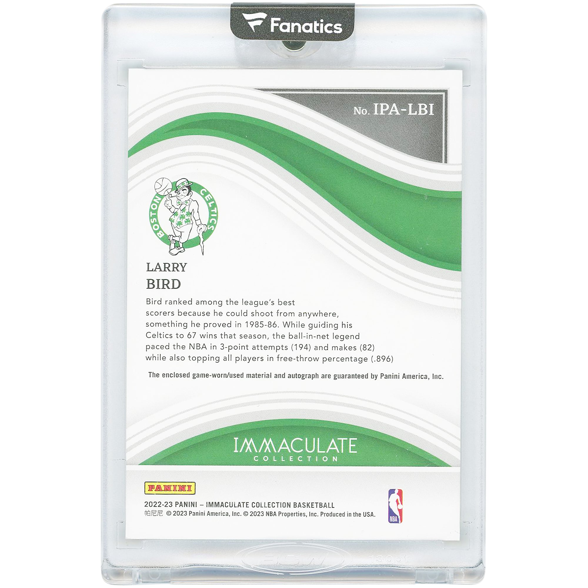 Carte autographiée de Larry Bird (Boston Celtics) 2022-23 Panini Immaculate Collection Patch Autographs Relic #IPA-LBI #10/25