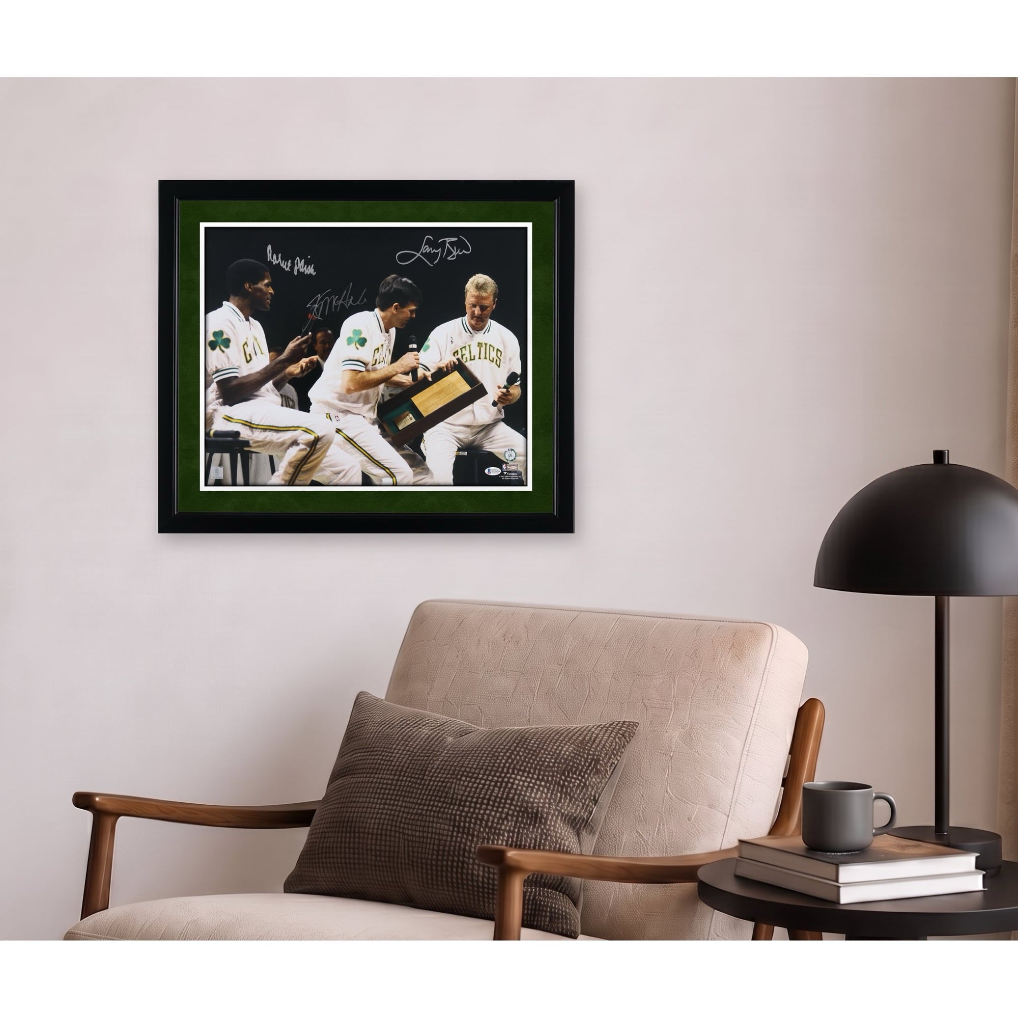 Larry Bird, Robert Parish & Kevin McHale Boston Celtics Autographed 16" x 20" Brid Jersey Retirement Ceremony Photograph