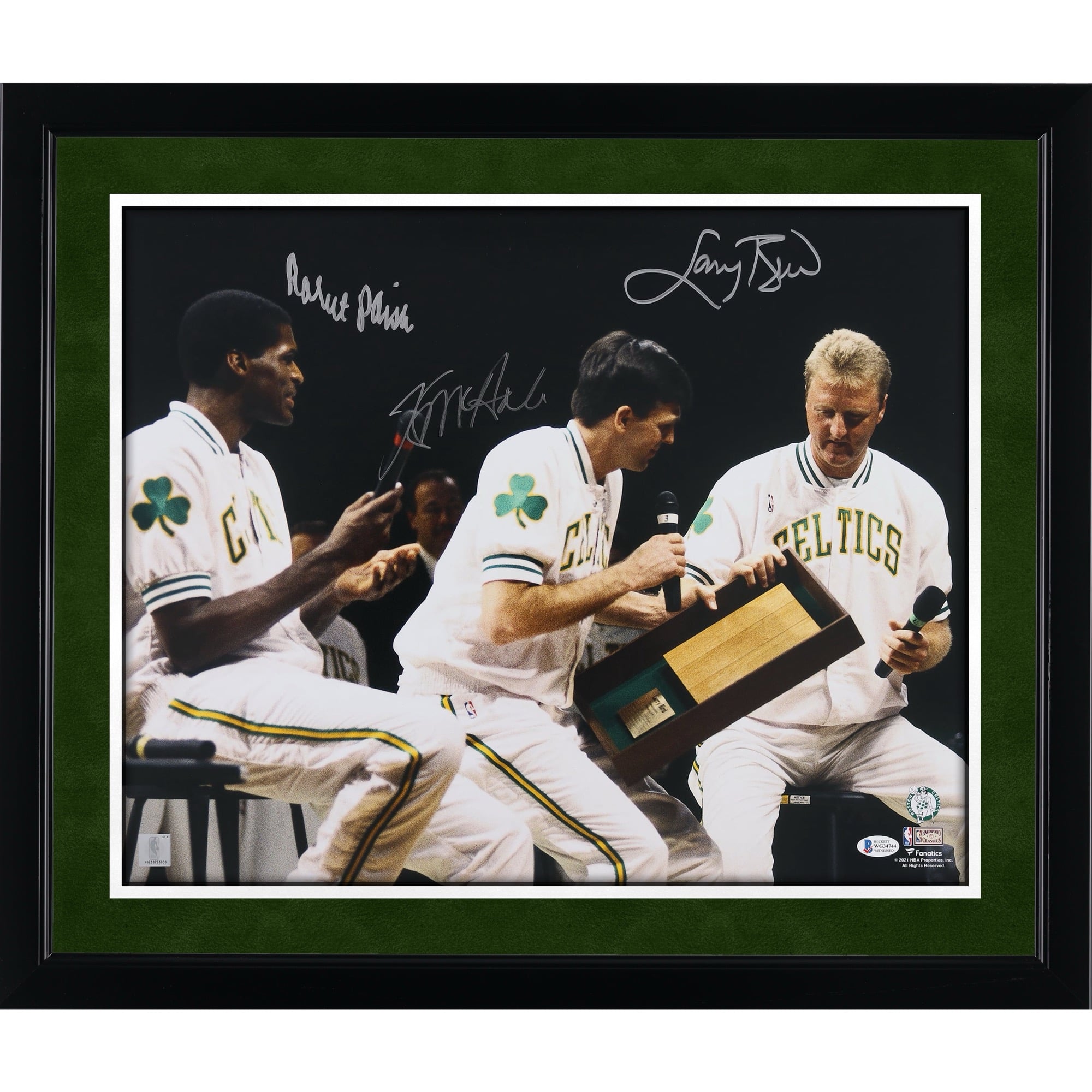 Larry Bird, Robert Parish & Kevin McHale Boston Celtics Autographed 16" x 20" Brid Jersey Retirement Ceremony Photograph