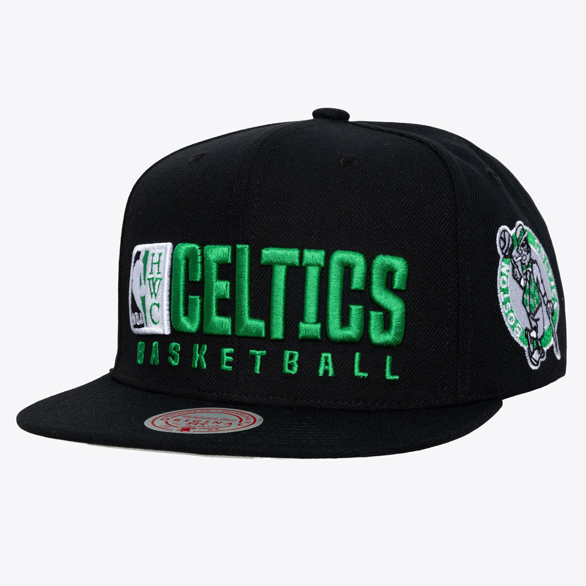 Men's Boston Celtics Mitchell & Ness Black Hardwood Classics Old School Stacked Text Snapback Hat
