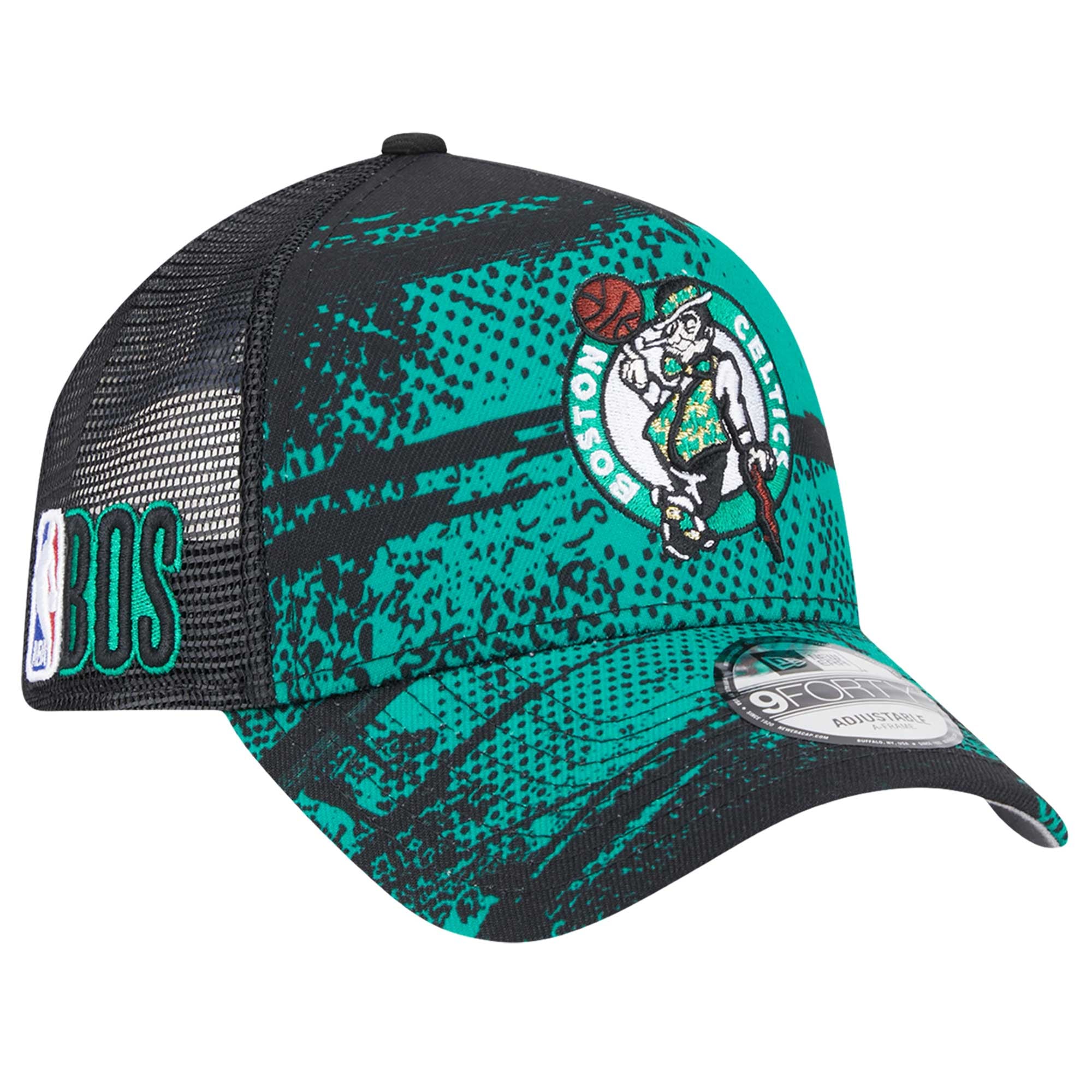 Men's Boston Celtics New Era Black/Kelly Green Tip Off A-Frame Trucker 9FORTY Adjustable Hat