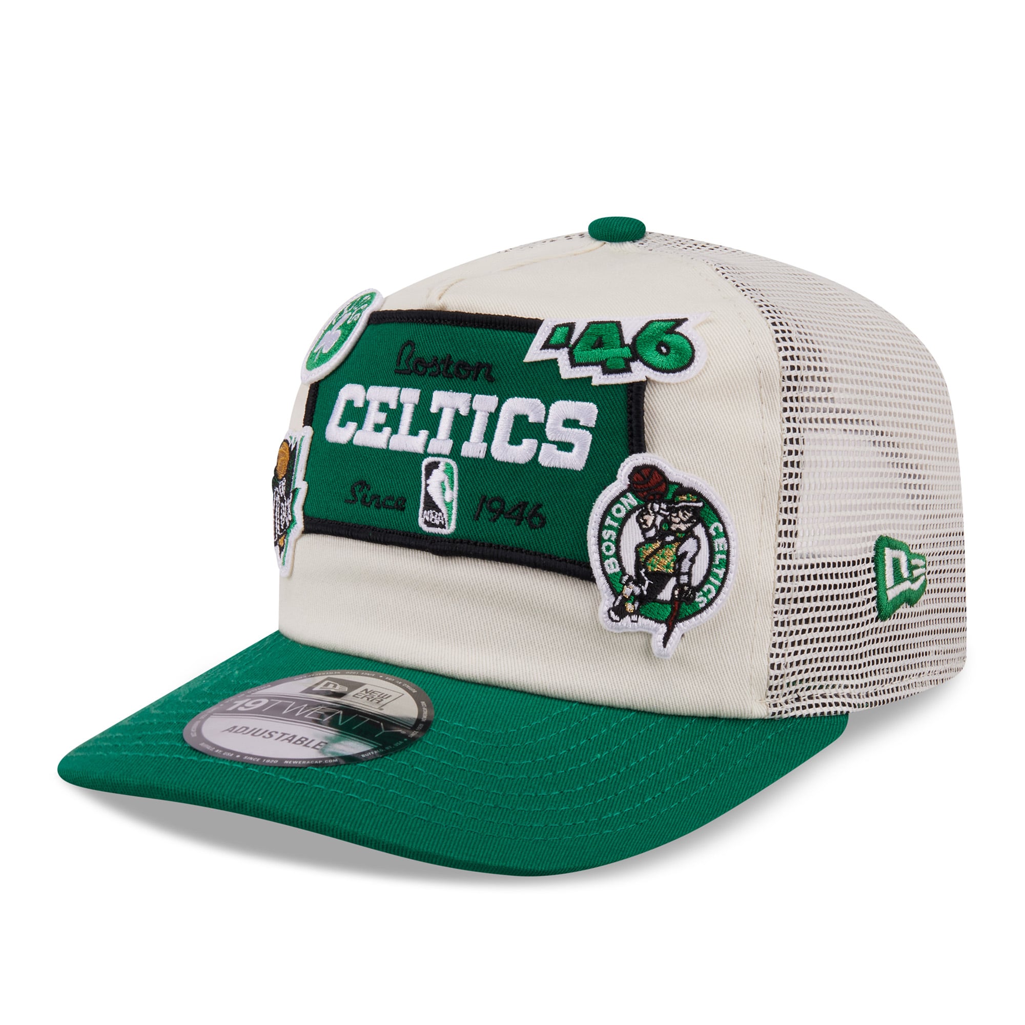 Men's New Era Cream Boston Celtics Layered Patch 19TWENTY Adjustable Hat