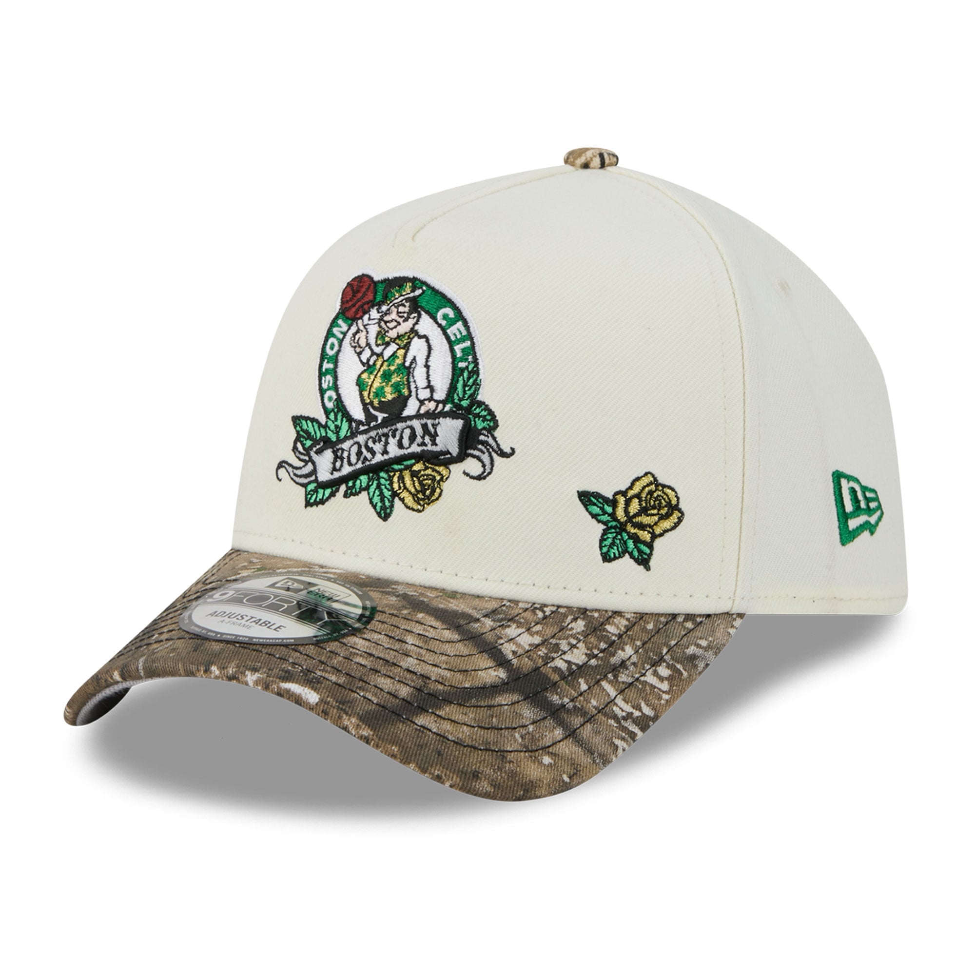 Casquette ajustable New Era 9FORTY A-Frame crème/camouflage Boston Celtics Rose Banner pour homme