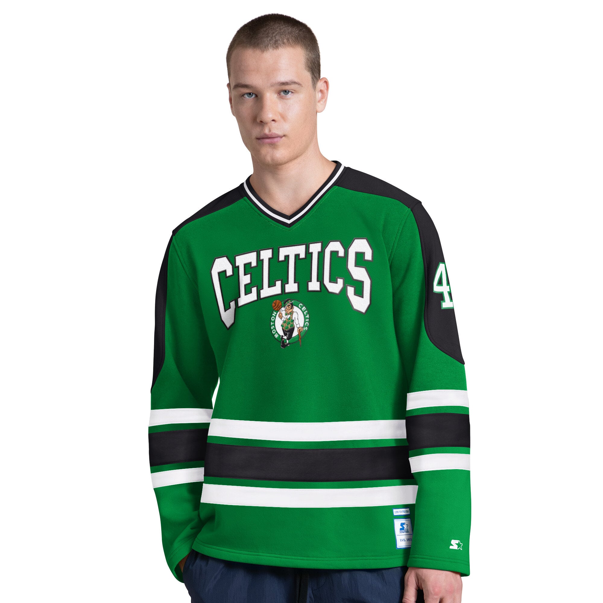 T-shirt à manches longues et col en V Starter vert Kelly Boston Celtics pour homme