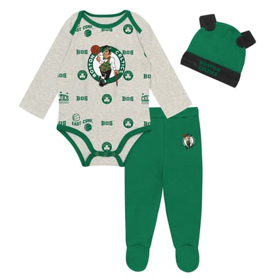 Boston Celtics Outerstuff Newborn & Infant Pinch Post Bodysuit, Pants & Cuffed Knit Hat Set