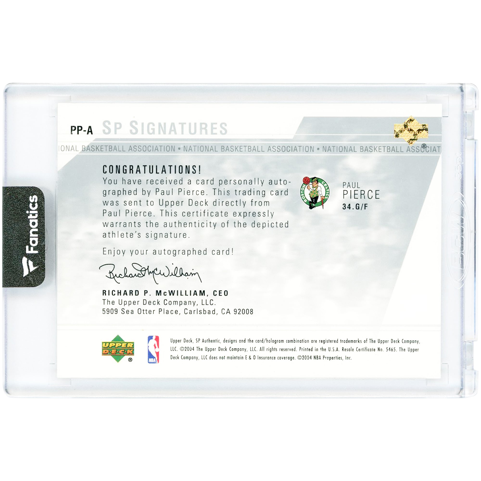 Paul Pierce Boston Celtics Autographed 2004-05 Upper Deck SP Authentic SP Signatures #PP-A Card