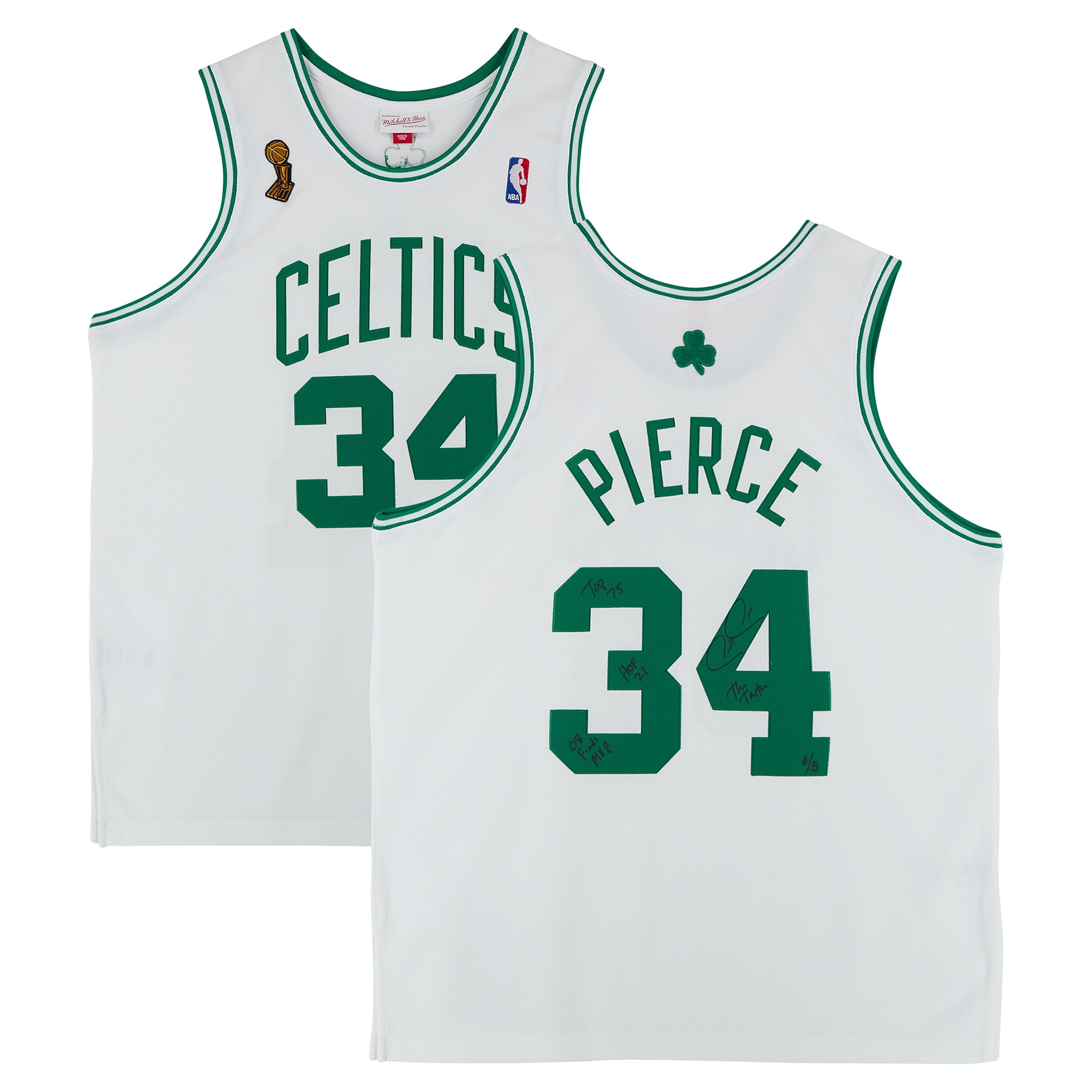 Paul Pierce Boston Celtics Autographed White Mitchell & Ness 2007 Authentic Jersey with Finals Patch with Multiple Inscriptions - Limited Edition of 5