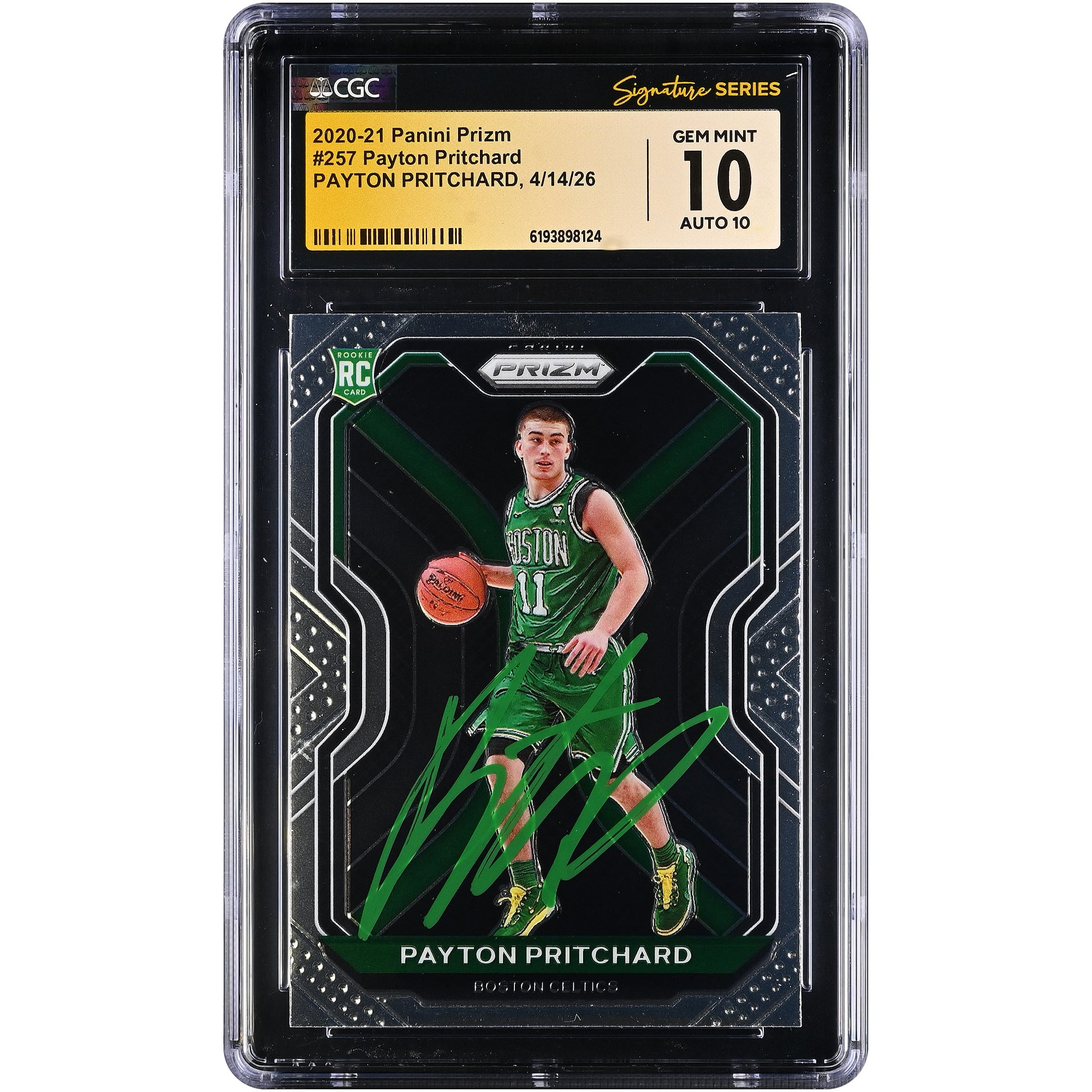 Carte recrue autographiée de Payton Pritchard (Boston Celtics) 2020-21 Panini Prizm n° 257, certifiée 10/10 par Fanatics Witnessed (CGC).