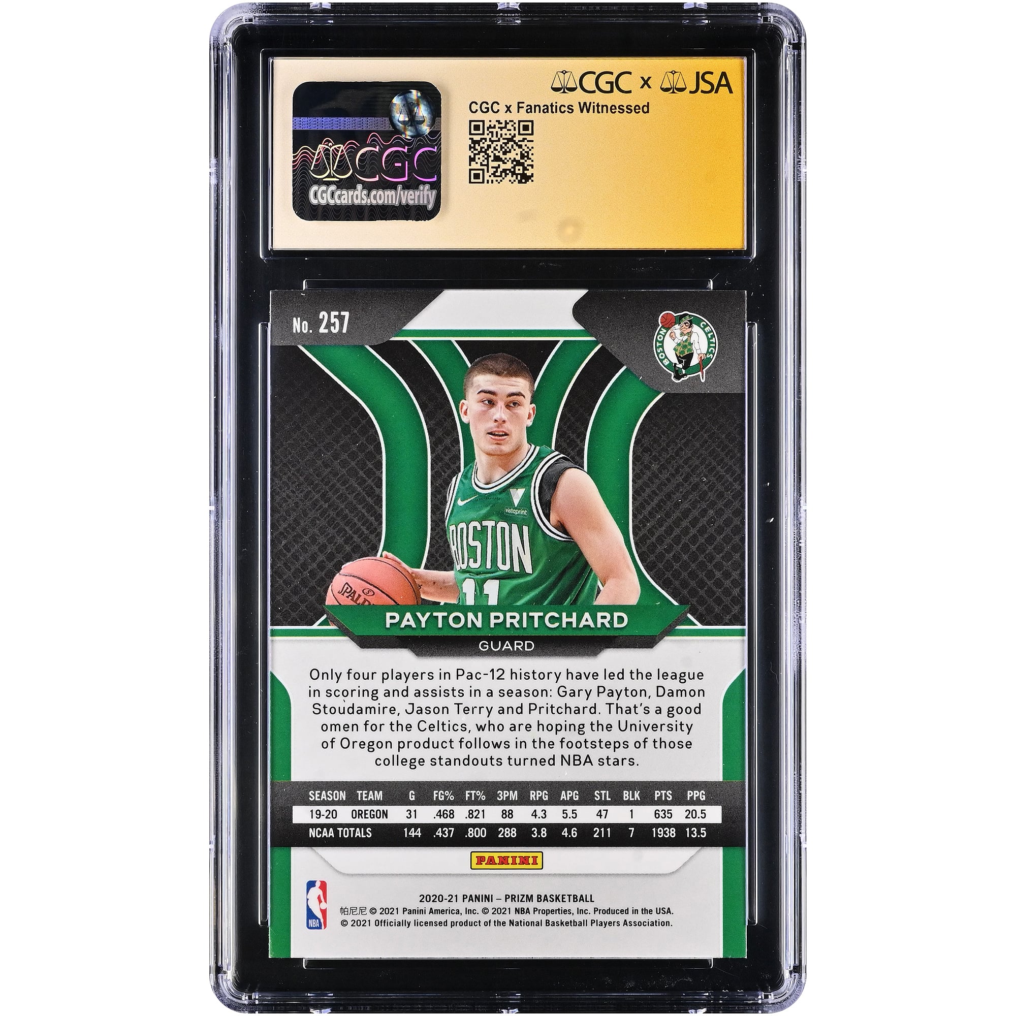 Carte recrue autographiée de Payton Pritchard (Boston Celtics) 2020-21 Panini Prizm n° 257, certifiée 10/10 par Fanatics Witnessed (CGC).