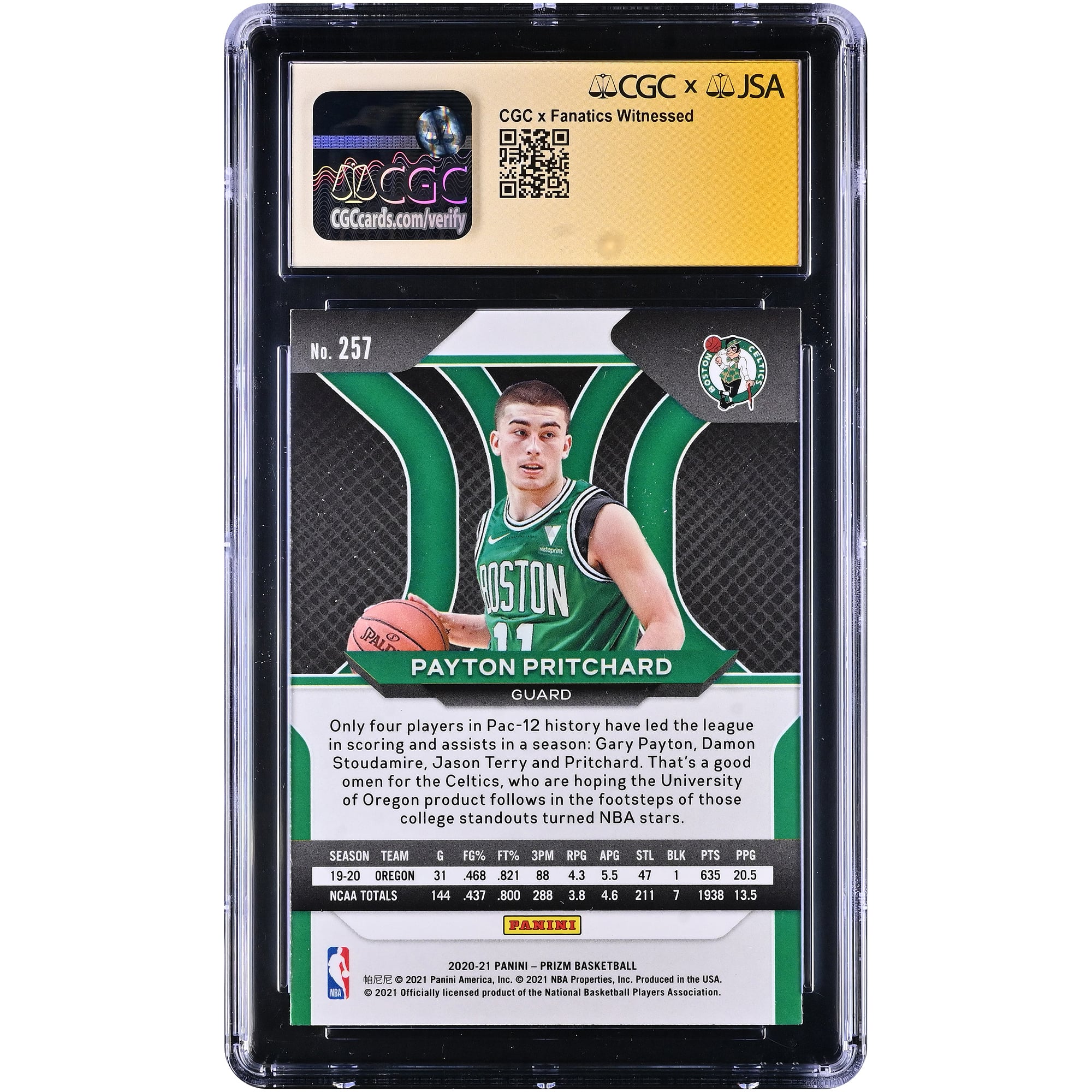 Carte recrue autographiée de Payton Pritchard (Boston Celtics) 2020-21 Panini Prizm n° 257, authentifiée par Fanatics Witnessed (CGC, note 9,5/10).