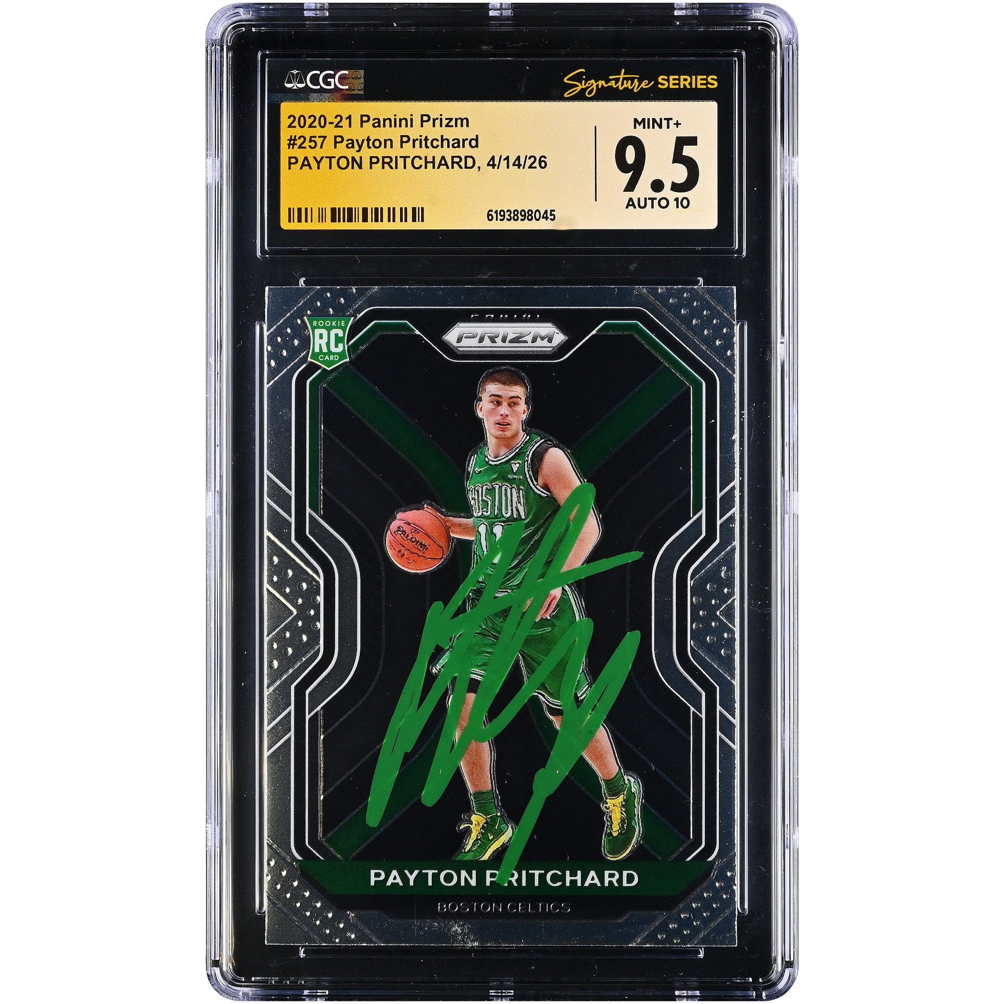 Carte recrue autographiée de Payton Pritchard (Boston Celtics) 2020-21 Panini Prizm n° 257, authentifiée par Fanatics Witnessed (CGC, note 9,5/10).
