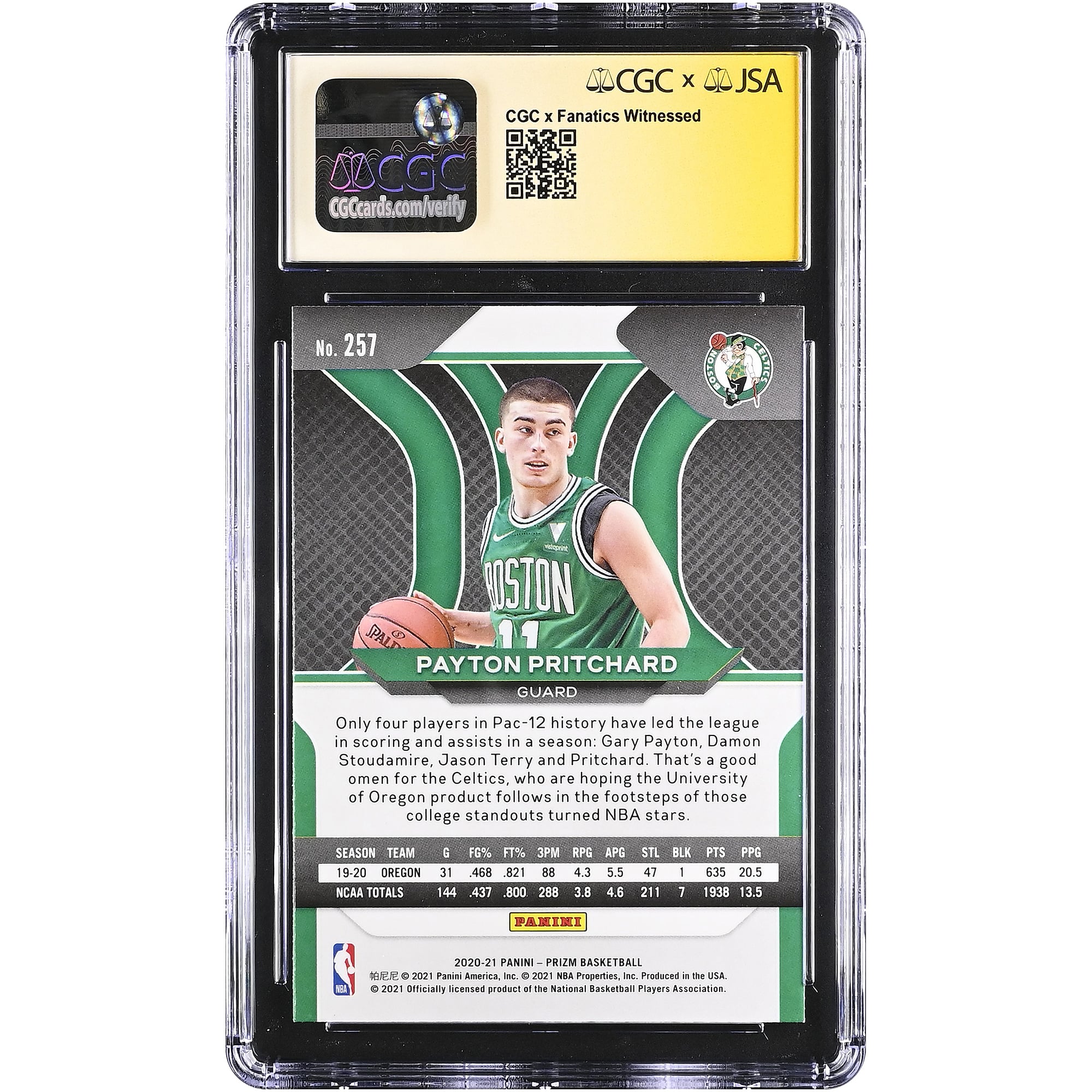 Payton Pritchard Boston Celtics Autographed 2020-21 Panini Prizm #257 CGC Fanatics Witnessed Authenticated AUTO 10 Rookie Card