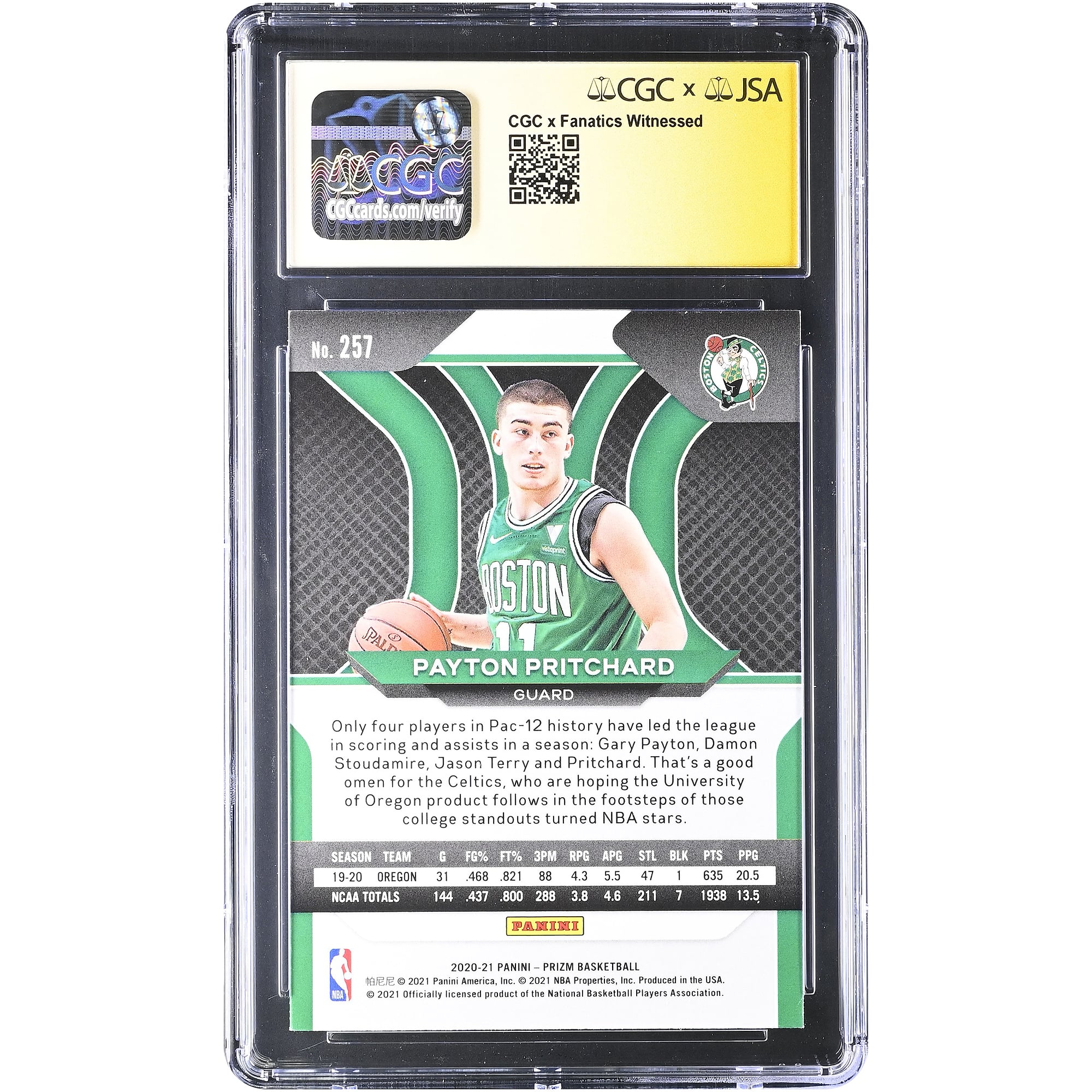 Payton Pritchard Boston Celtics Autographed 2020-21 Panini Prizm #257 CGC Fanatics Witnessed Authenticated MINT 9 Rookie Card