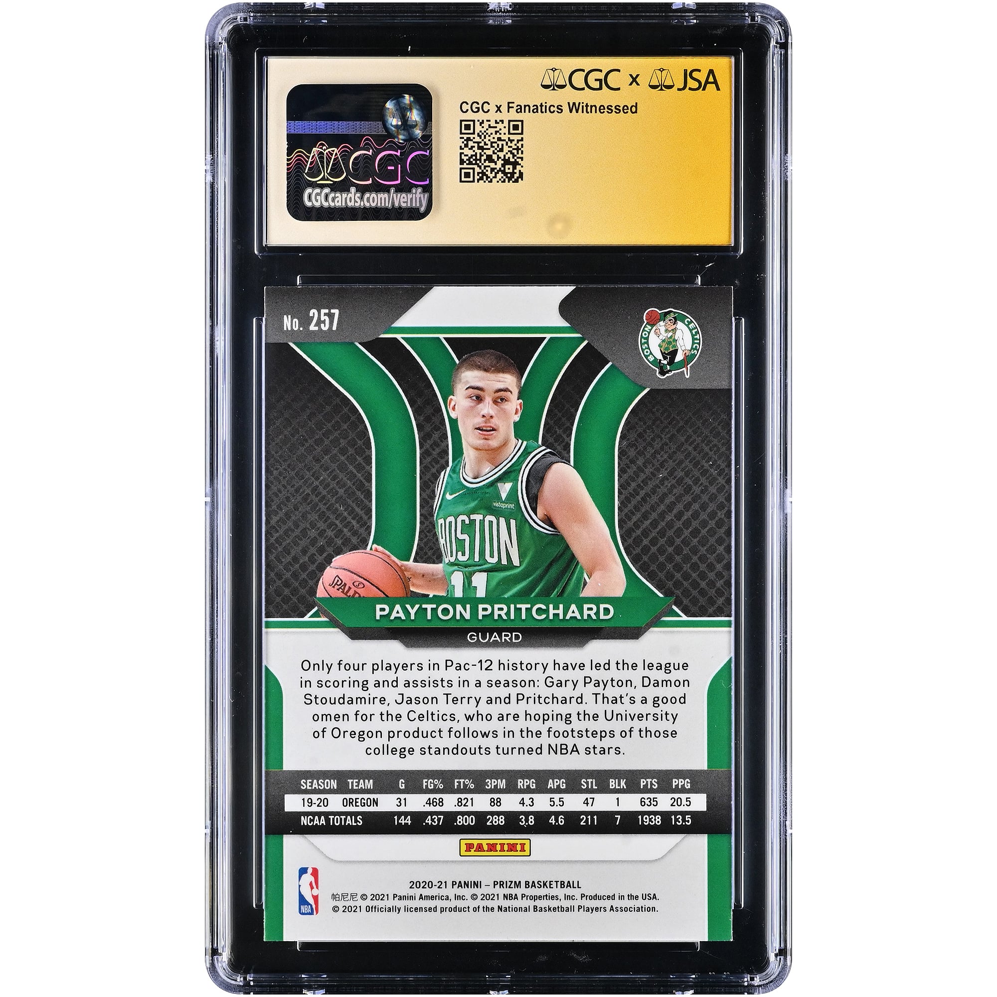 Payton Pritchard Boston Celtics Autographed 2020-21 Panini Prizm #257 CGC Fanatics Witnessed Authenticated MINT+ 9.5 Rookie Card