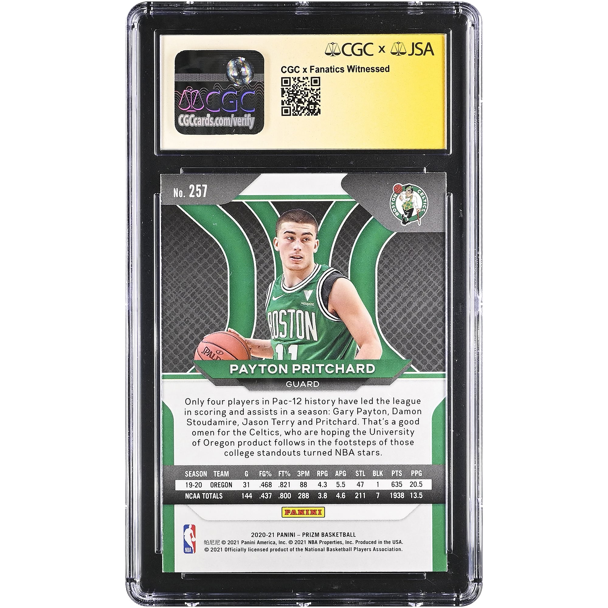 Carte de recrue autographiée de Payton Pritchard (Boston Celtics) 2020-21 Panini Prizm n° 257, authentifiée par Fanatics Witnessed (CGC).