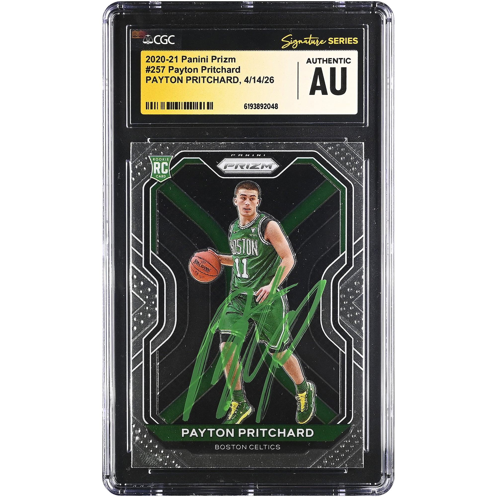 Carte de recrue autographiée de Payton Pritchard (Boston Celtics) 2020-21 Panini Prizm n° 257, authentifiée par Fanatics Witnessed (CGC).