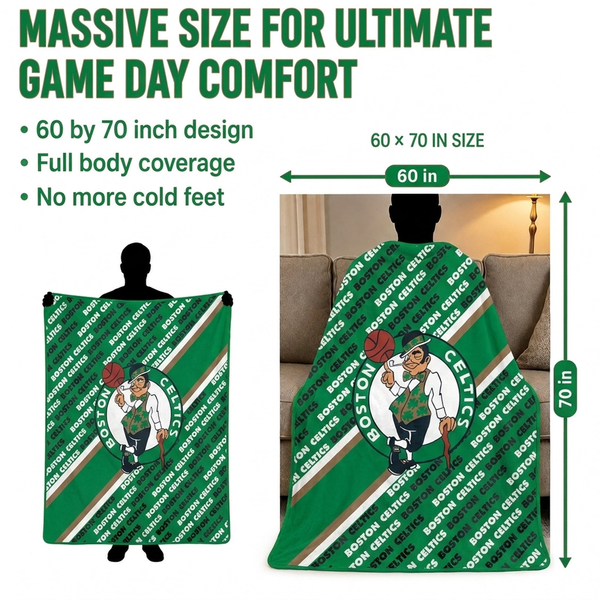 Couverture ultra douce Pegasus Boston Celtics 60" x 70" (diagonale) avec logo et doublure