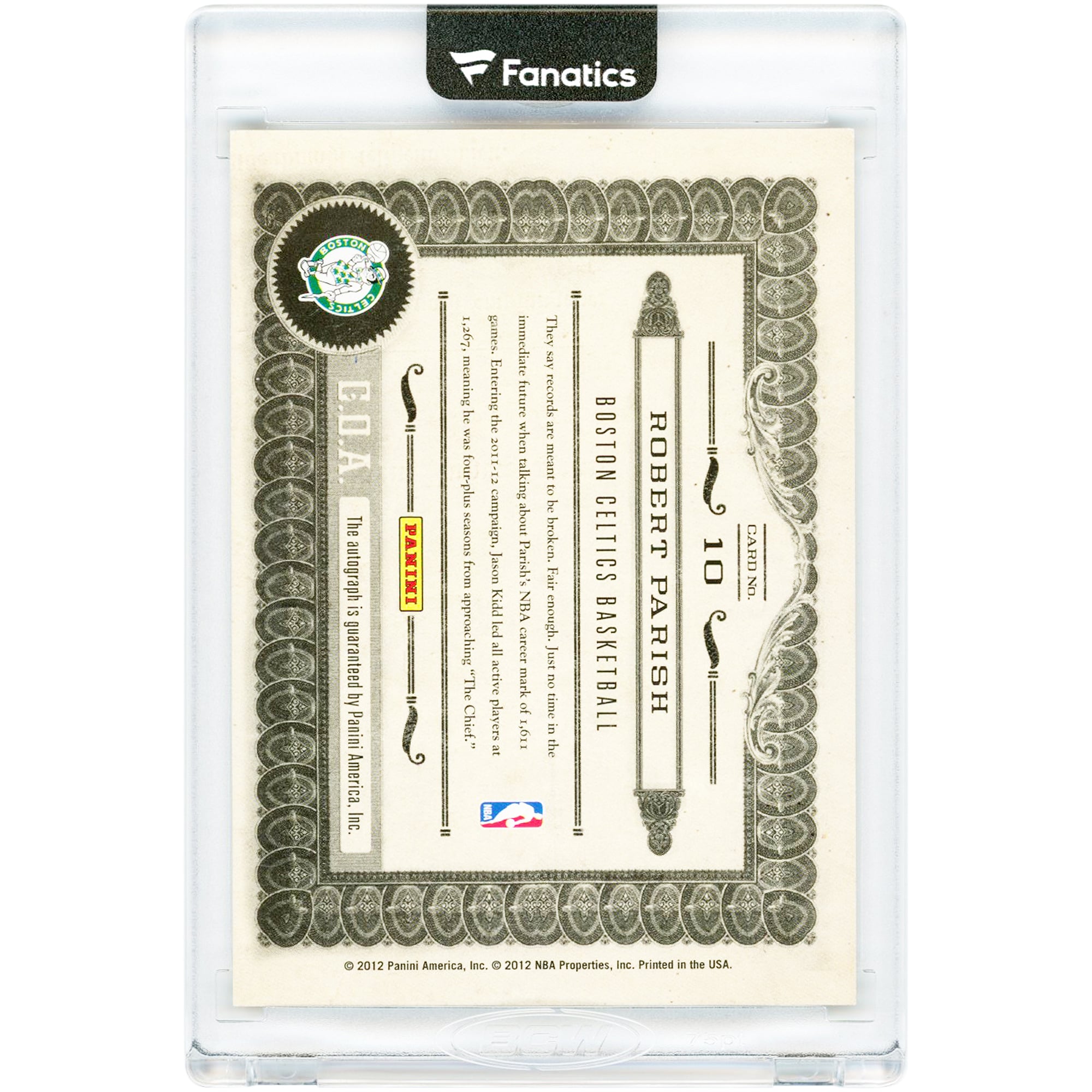 Robert Parish Boston Celtics Autographed 2011-12 Panini Gold Standard Marks Of The Hall #10 #129/149 Card