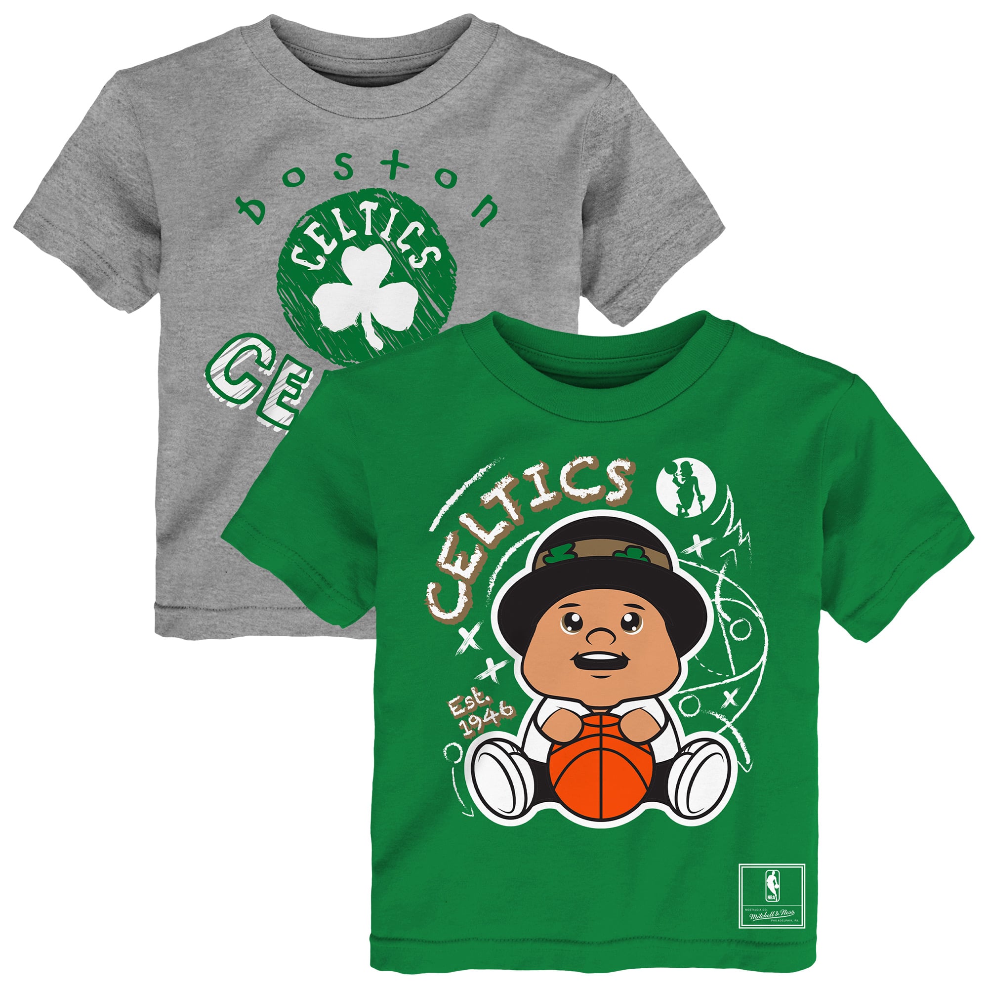 Ensemble de deux t-shirts Mitchell & Ness pour tout-petits, vert Kelly/gris chiné, Boston Celtics, avec croquis.