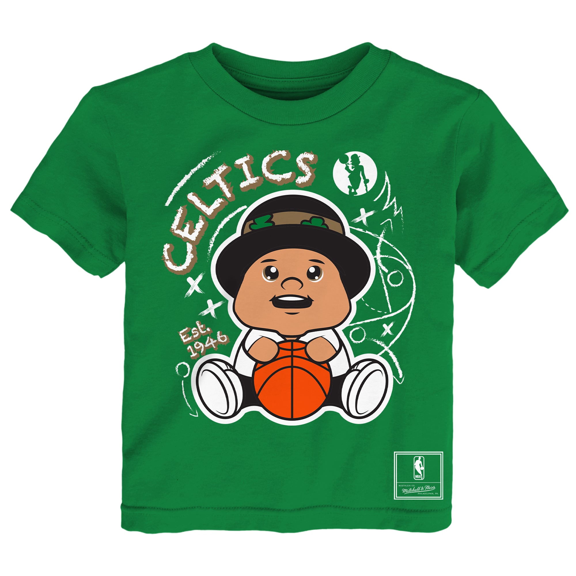 Ensemble de deux t-shirts Mitchell & Ness pour tout-petits, vert Kelly/gris chiné, Boston Celtics, avec croquis.