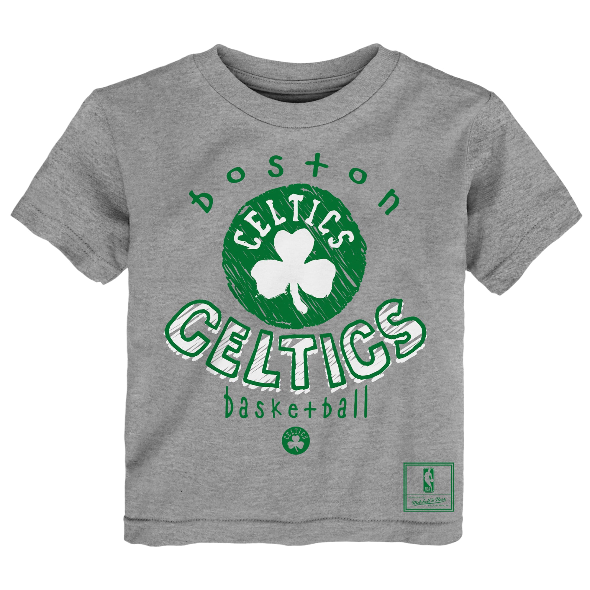 Ensemble de deux t-shirts Mitchell & Ness pour tout-petits, vert Kelly/gris chiné, Boston Celtics, avec croquis.