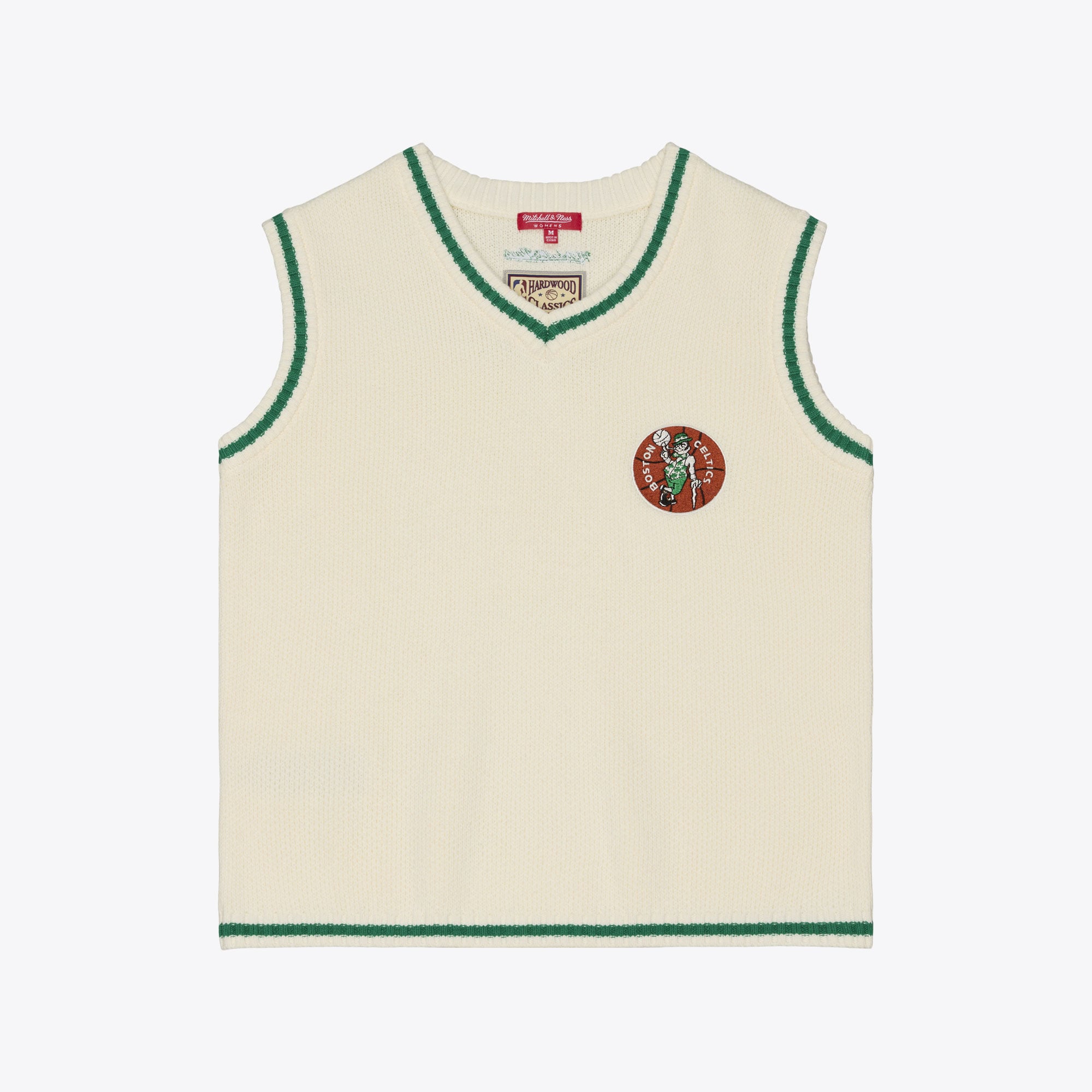 Gilet sans manches Mitchell & Ness crème pour femme, motif Boston Celtics Retro Roots, col en V