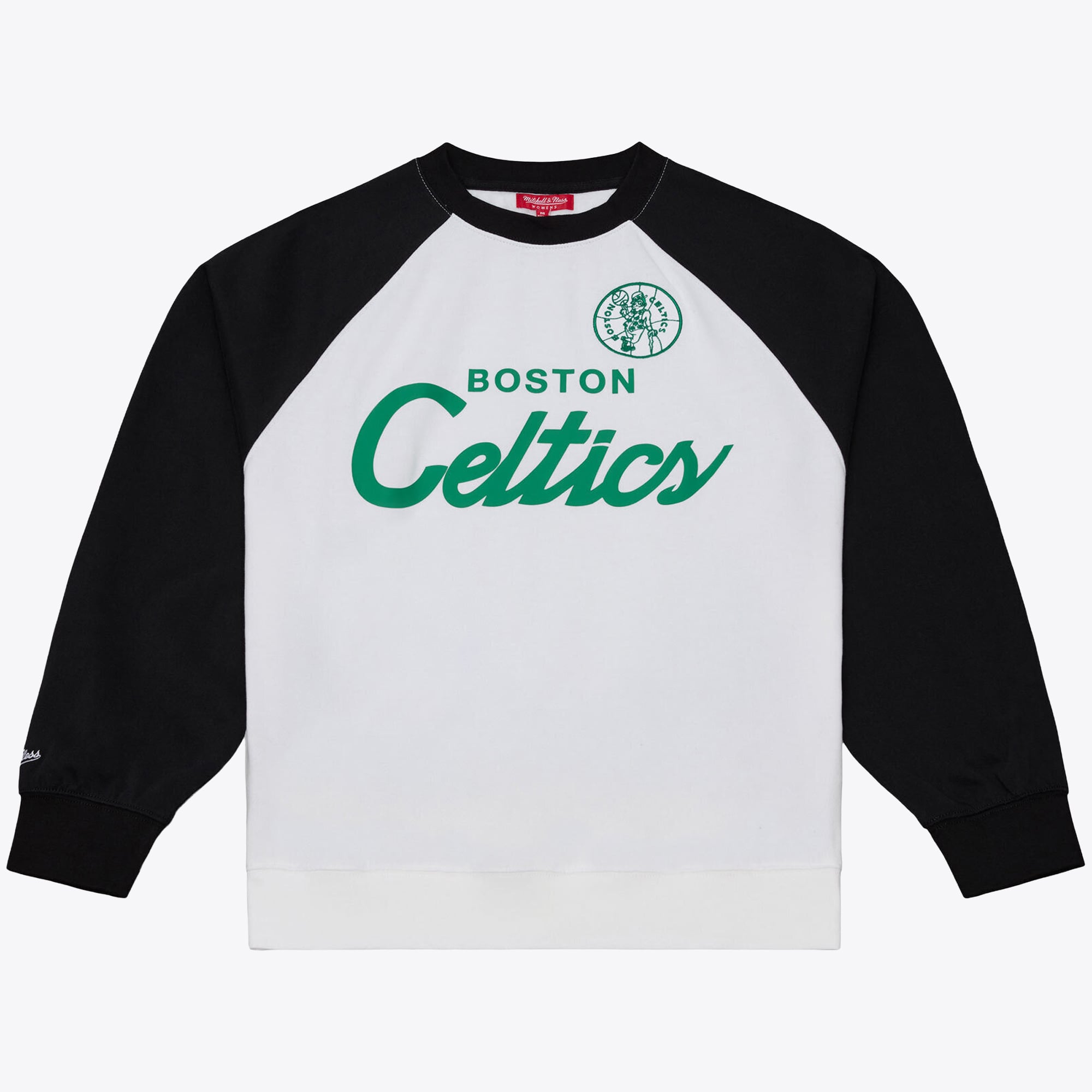 Sweat-shirt raglan léger Mitchell & Ness blanc et noir pour femme, modèle Boston Celtics Head Coach