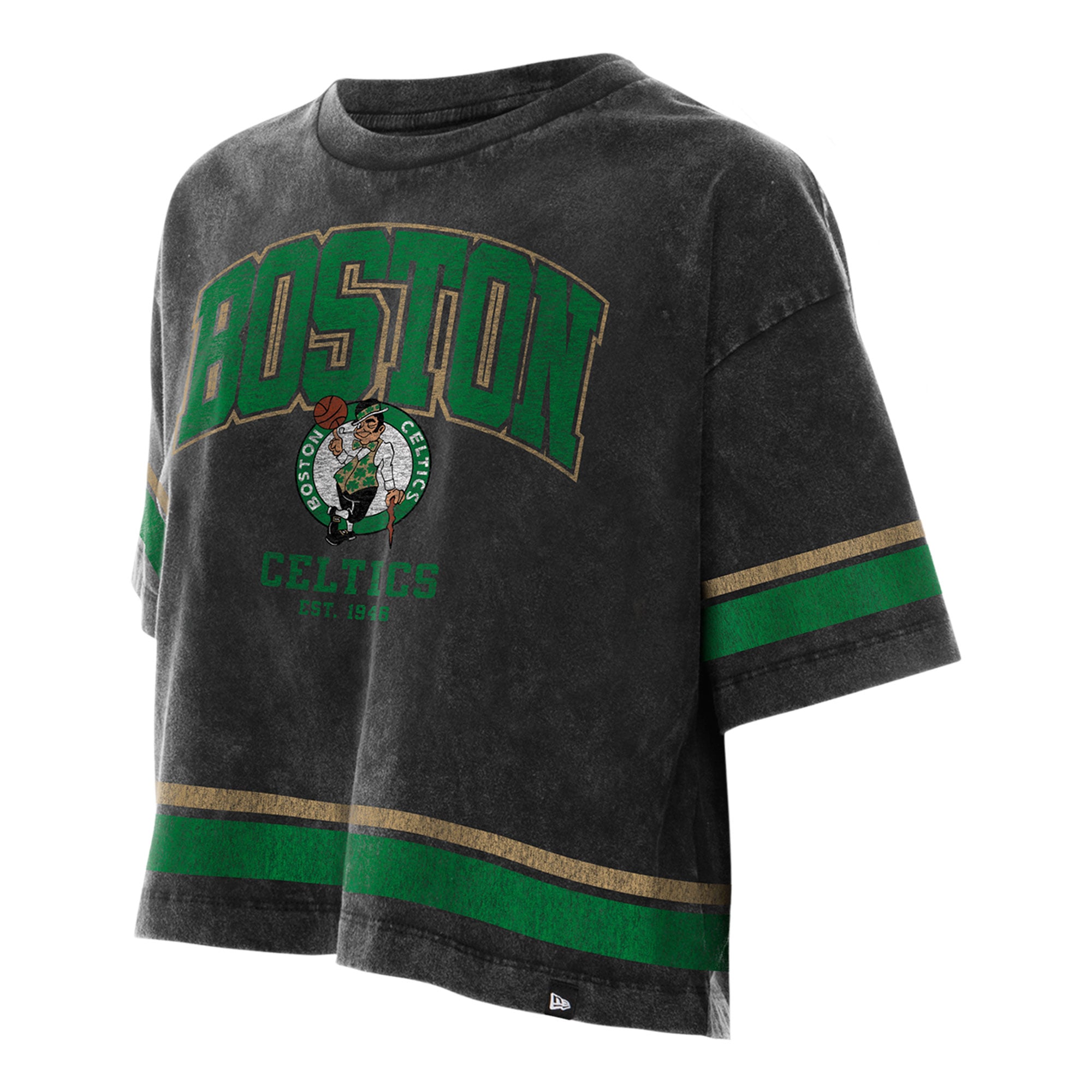 T-shirt court noir New Era Boston Celtics pour femme, coupe carrée, délavage minéral