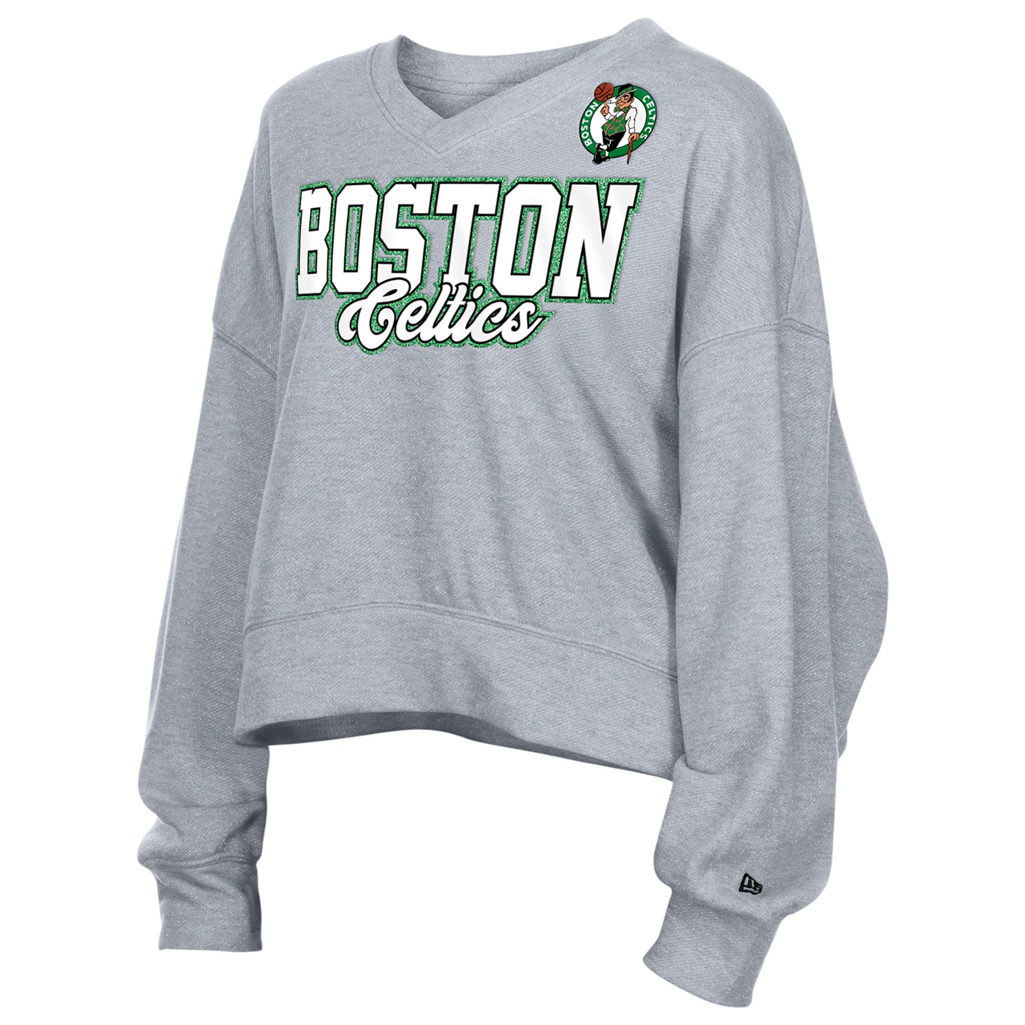 Sweat-shirt polaire court oversize à col en V gris New Era pour femme, Boston Celtics