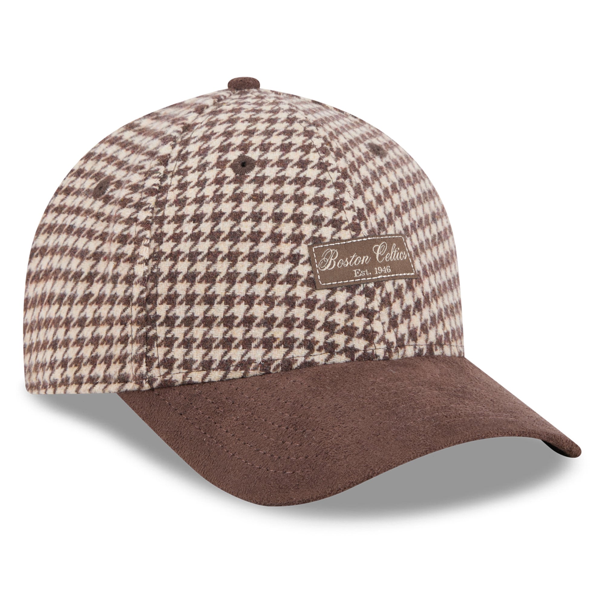 Casquette New Era Boston Celtics marron clair pour femme, modèle 9FORTY, en fausse laine, à monture A et couronne M, ajustable.