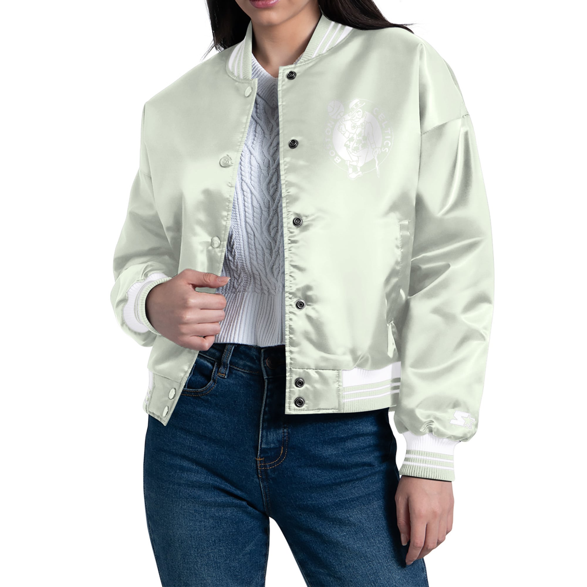 Boston Celtics Starter Women's Printed Script Cropped Satin Varsity ...