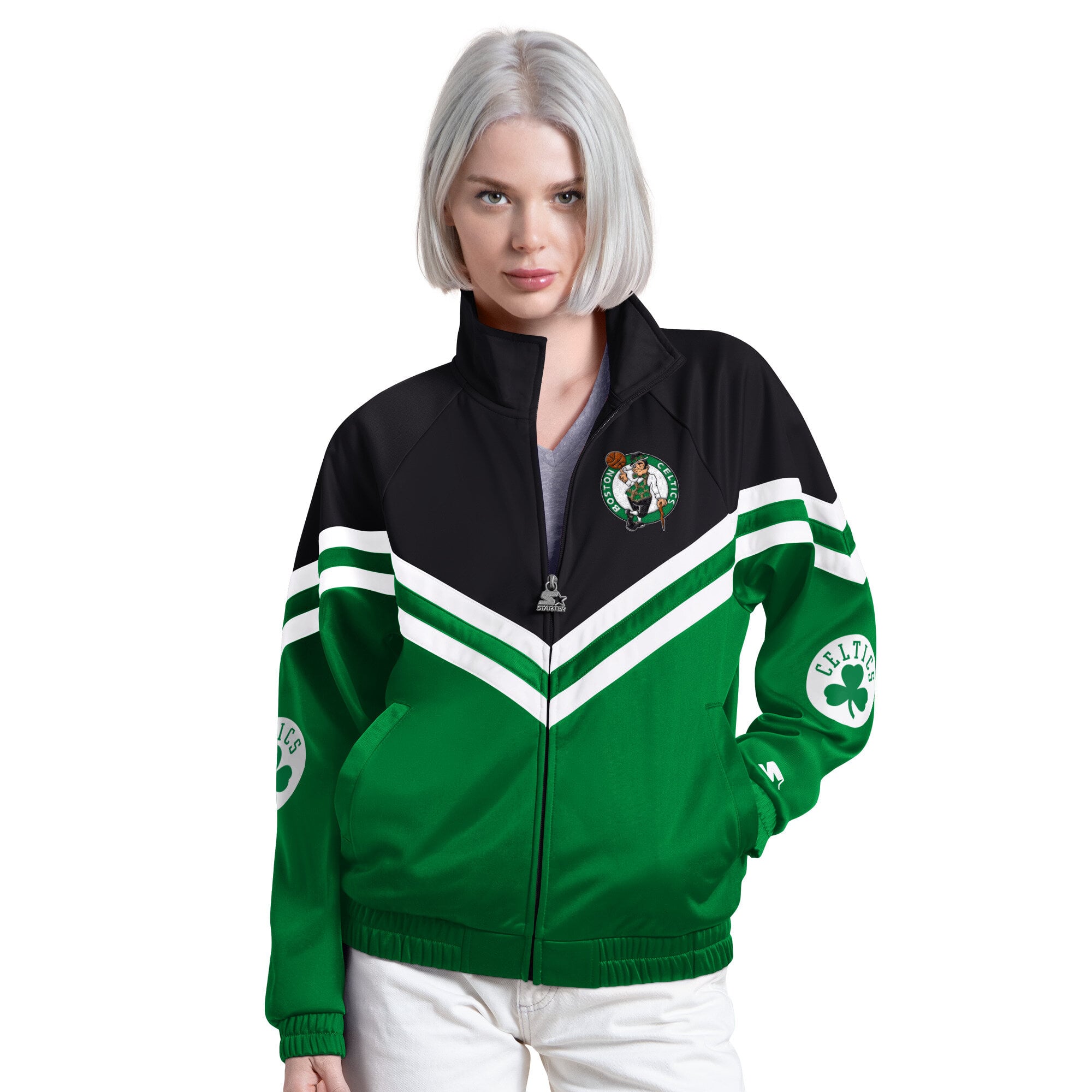 Veste de survêtement raglan zippée Starter pour femme, vert Kelly, Boston Celtics Fan Club