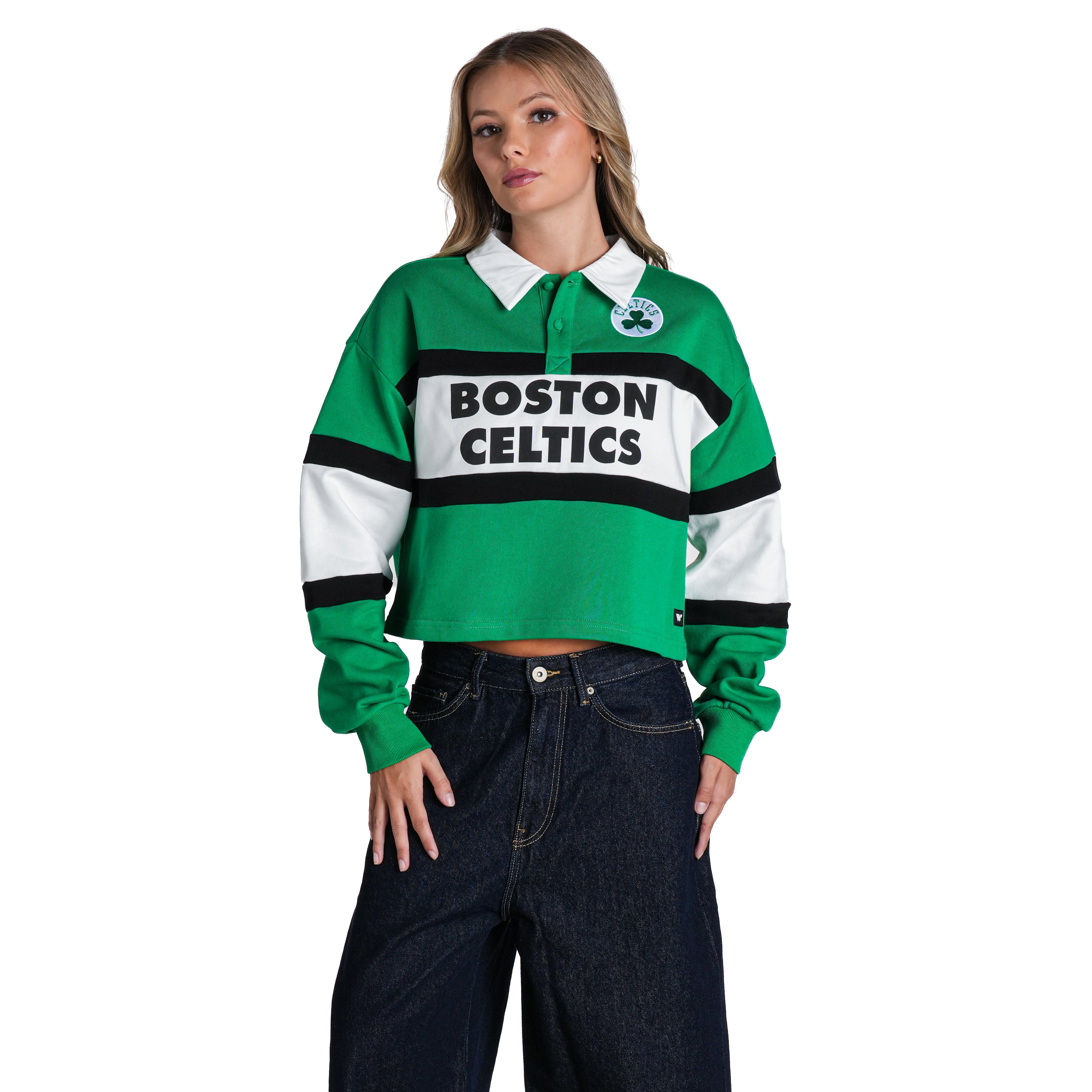 Polo court à manches longues pour femme The Wild Collective, vert Kelly, Boston Celtics