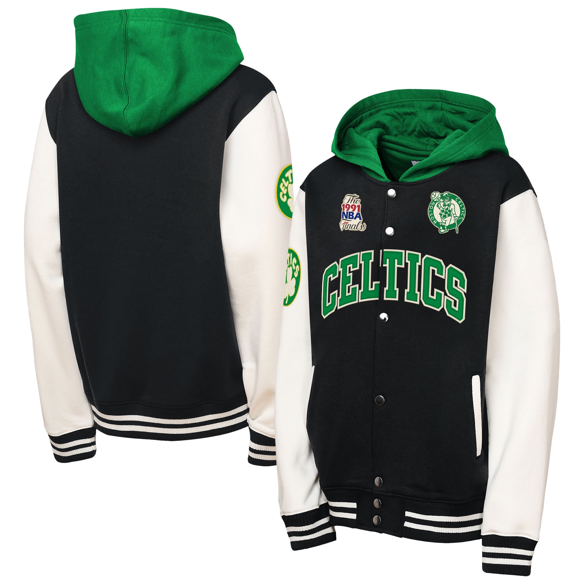 Youth Mitchell & Ness Black Boston Celtics Hardwood Classics Courtside Fleece Full-Snap Hoodie Jacket