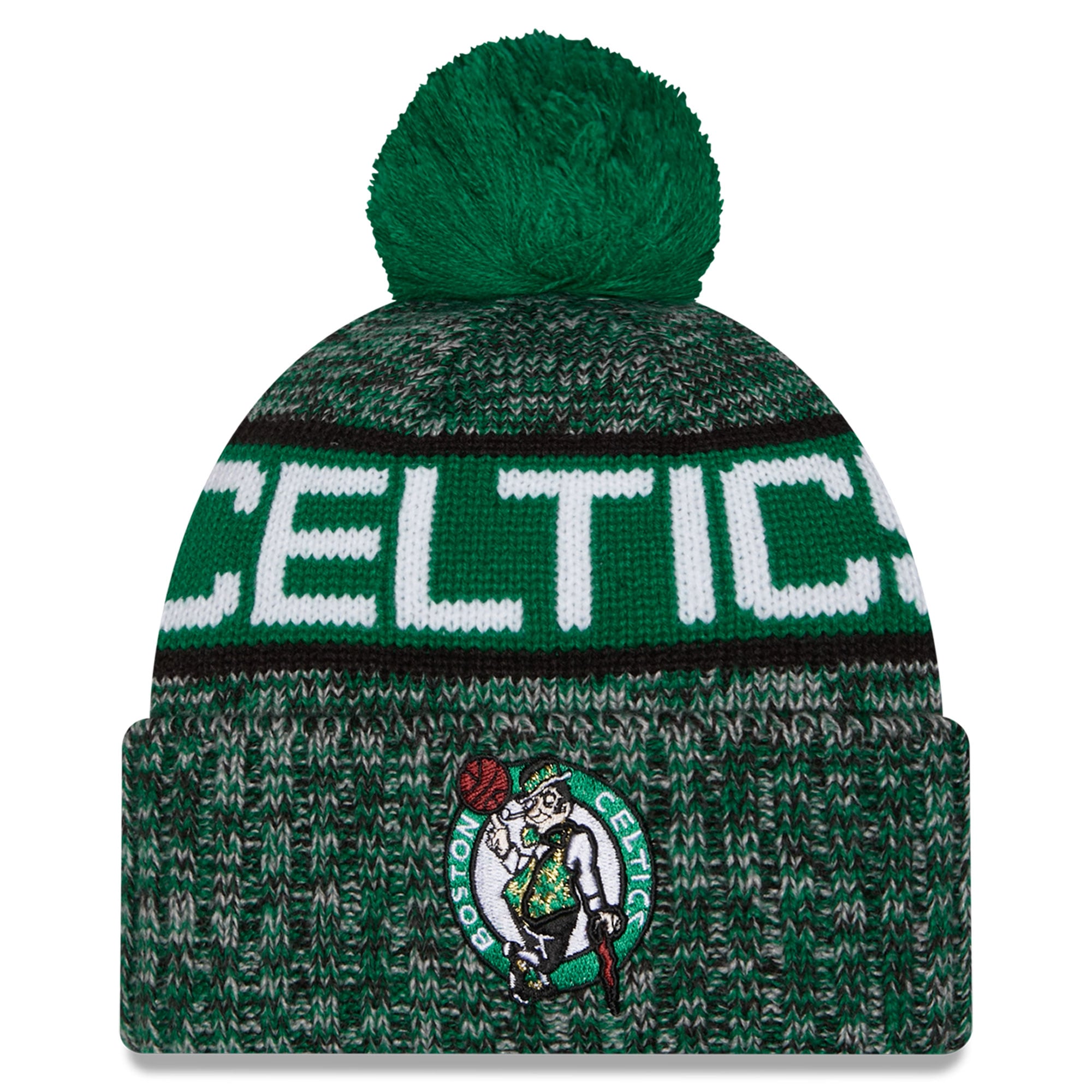 Bonnet à revers tricolore vert Kelly Boston Celtics pour enfant, avec pompon, de la marque New Era.