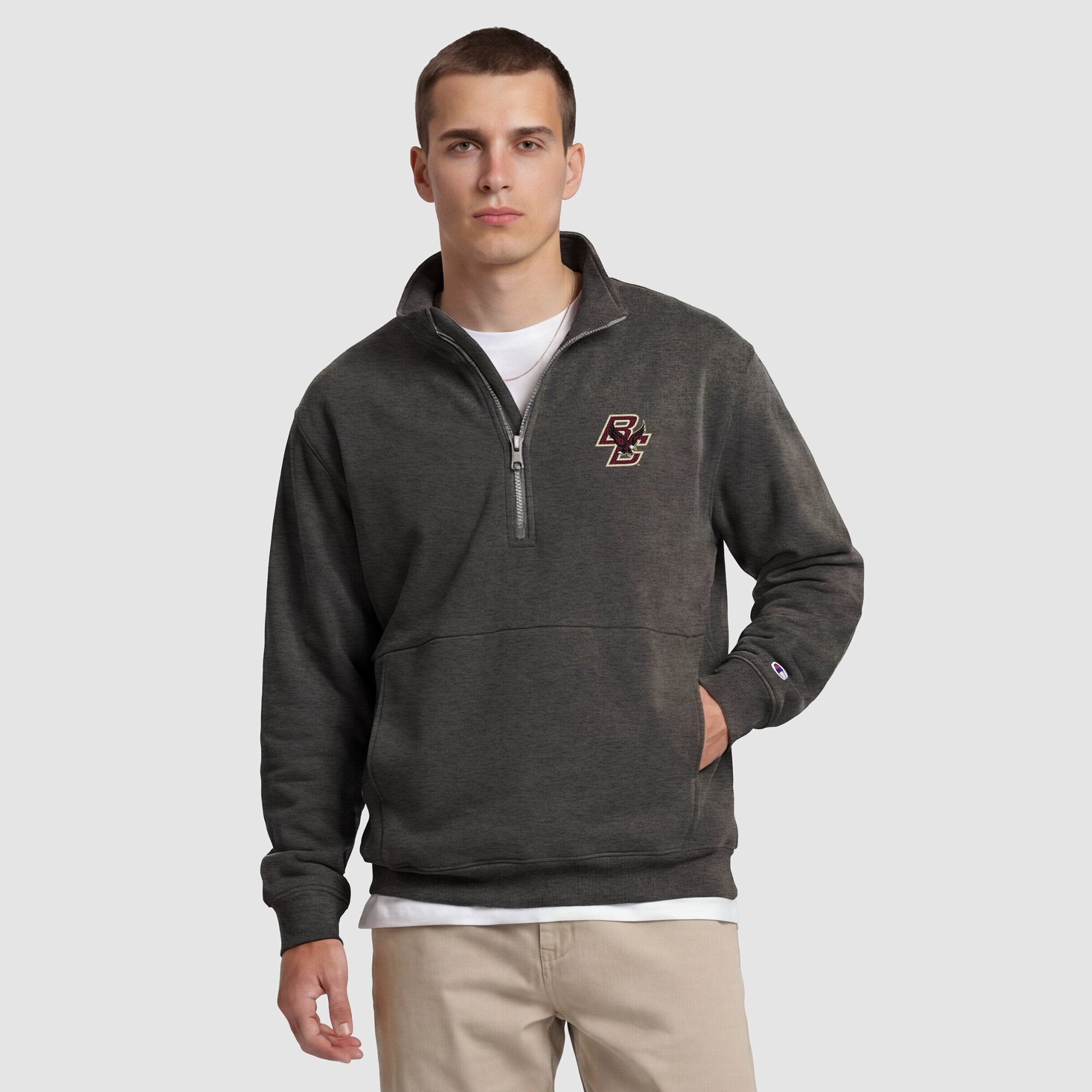 Pull polaire à col zippé pour homme Champion gris chiné Boston College Eagles