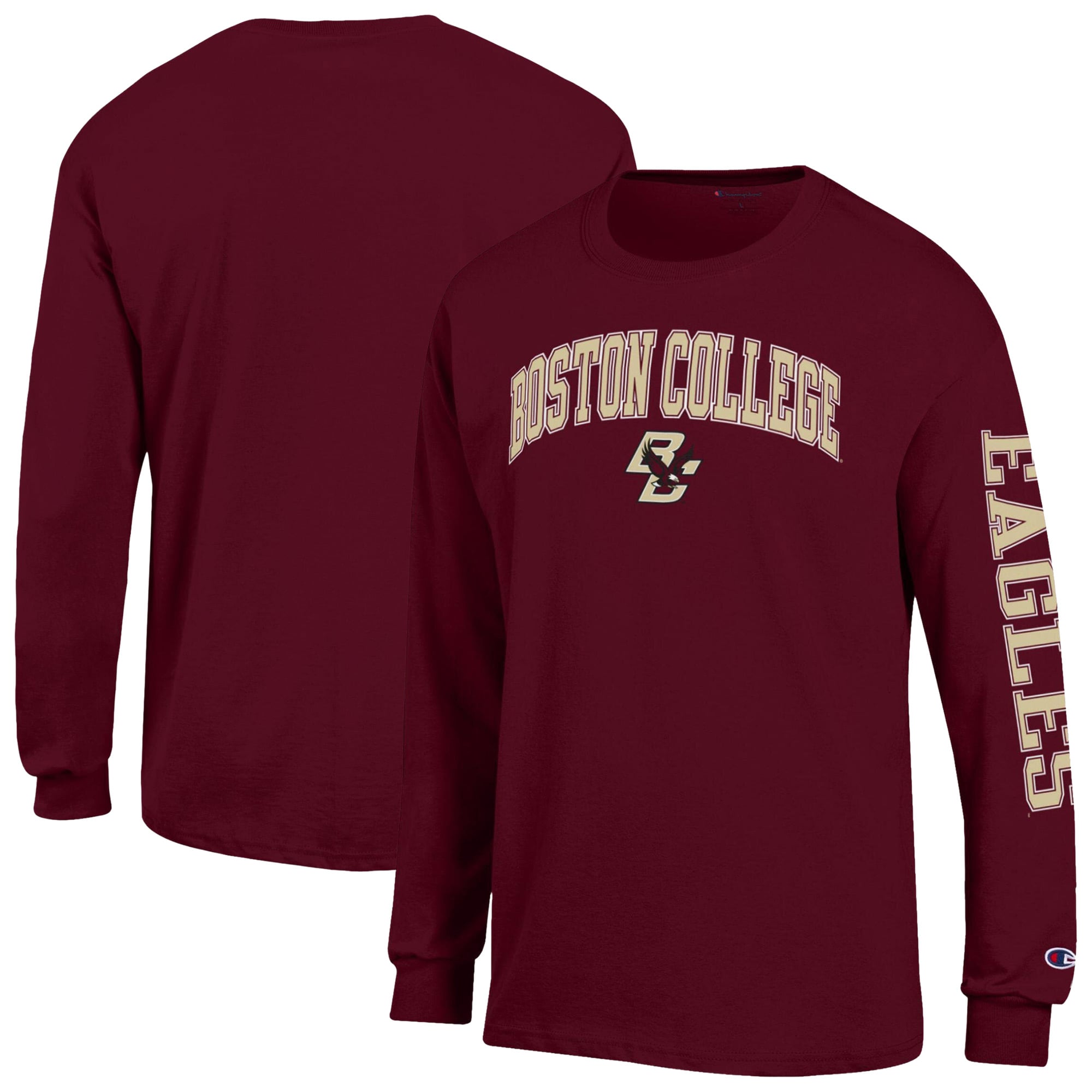 T-shirt à manches longues Champion pour homme, couleur bordeaux, avec logo en forme d'arche des Boston College Eagles.