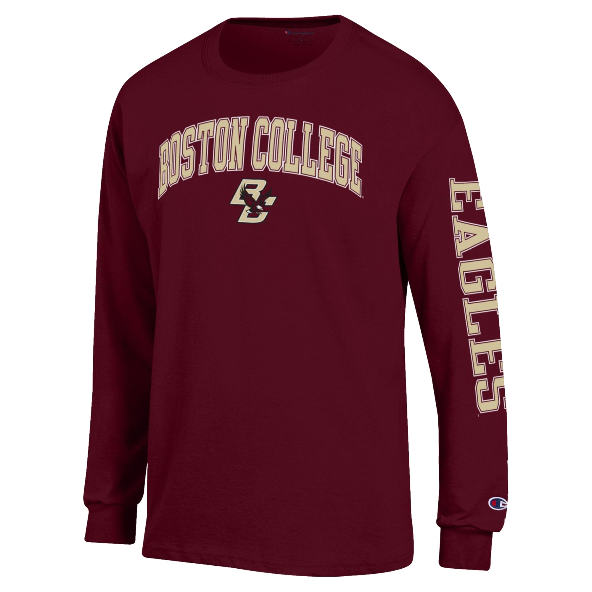 T-shirt à manches longues Champion pour homme, couleur bordeaux, avec logo en forme d'arche des Boston College Eagles.