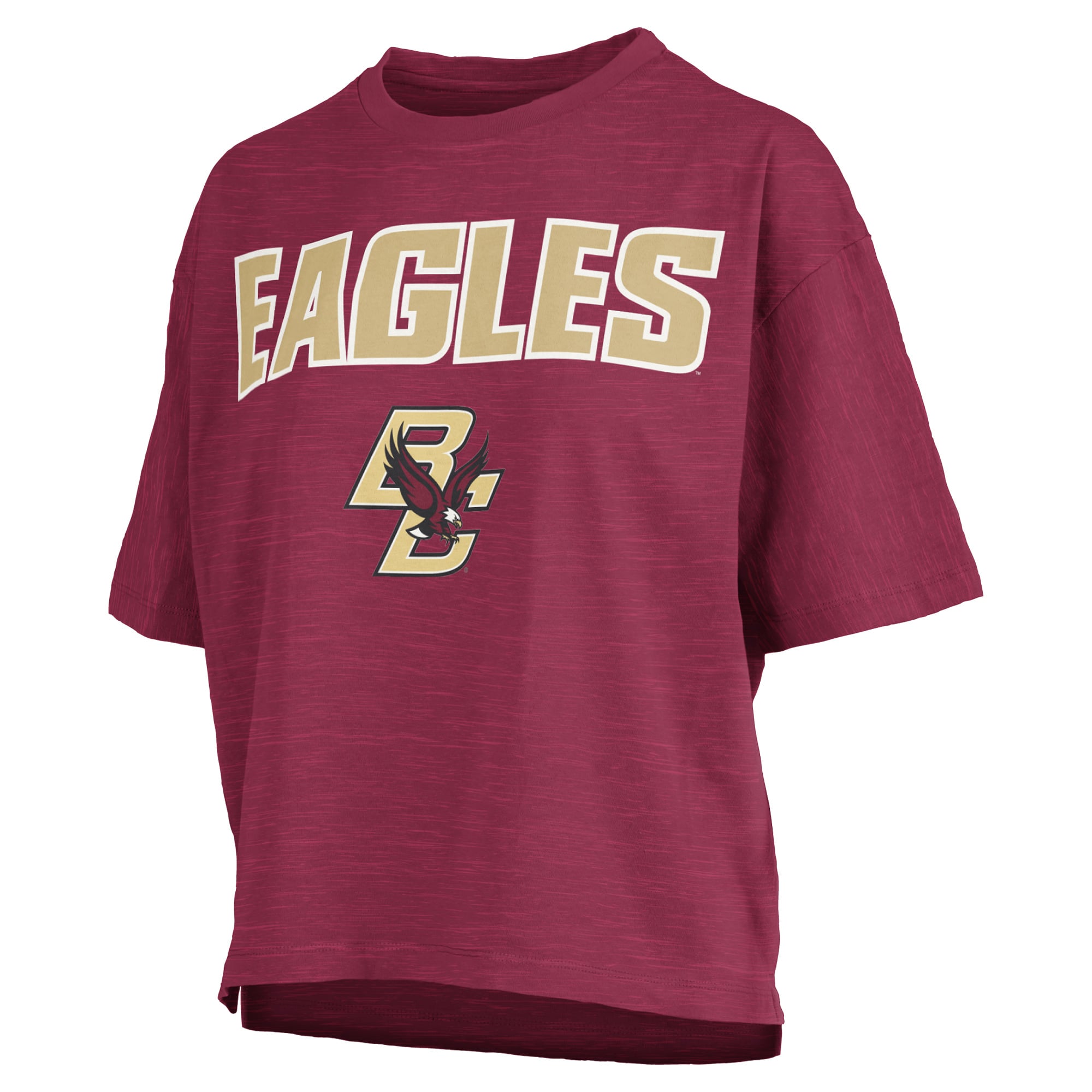 T-shirt oversize Pressbox Maroon Boston College Eagles pour femmes, logo Nelson Arch Over, en tissu flammé.