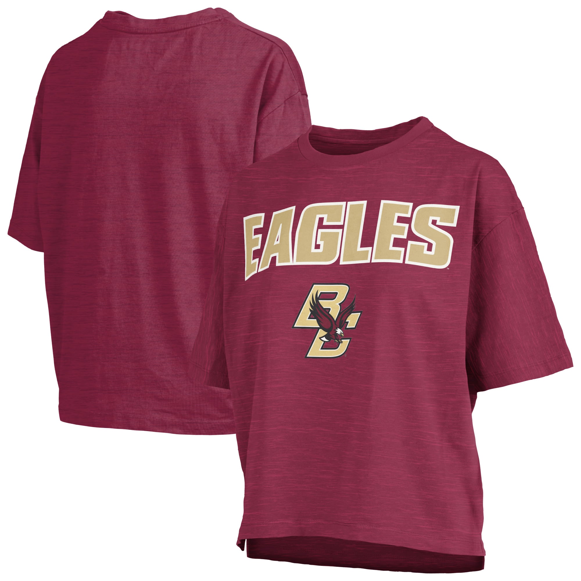 T-shirt oversize Pressbox Maroon Boston College Eagles pour femmes, logo Nelson Arch Over, en tissu flammé.