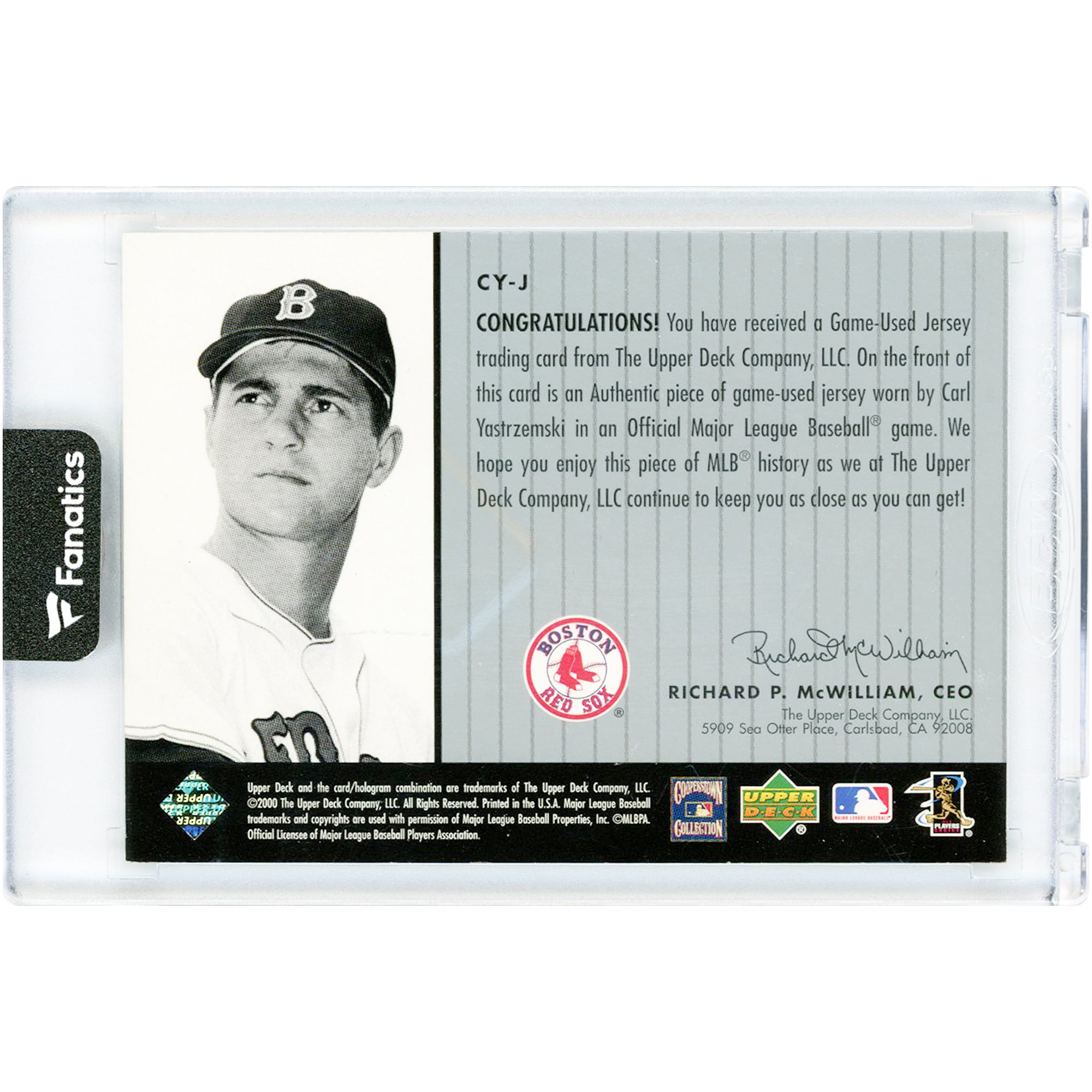 Carl Yastrzemski Boston Red Sox 2000 Upper Deck A Piece Of History 3000 Hit Club Game Used Relic #CY-J Card
