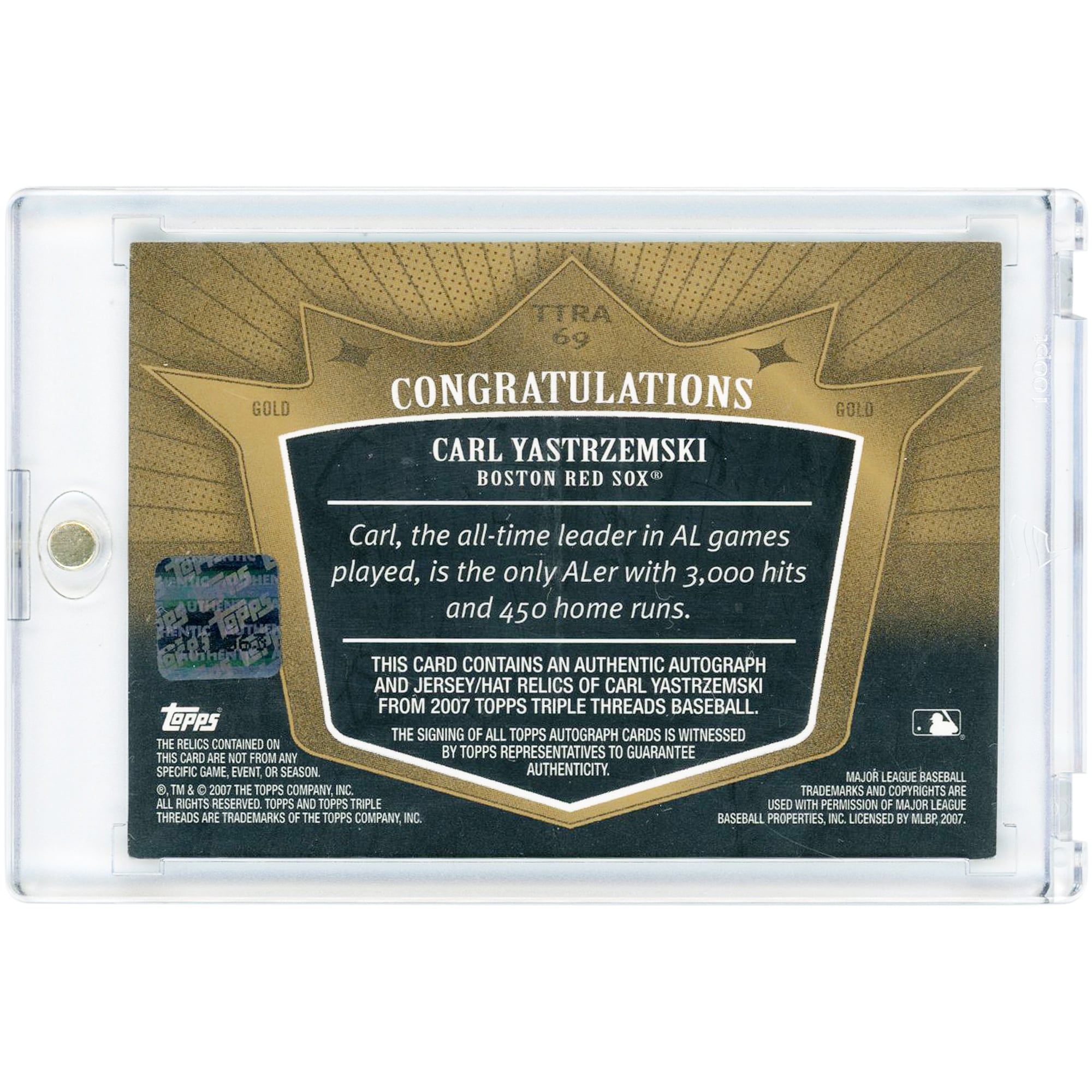 Carl Yastrzemski Boston Red Sox Autographed 2007 Topps Triple Threads Multi Game Used Relic Gold #TTRA-69 #6/9 Card
