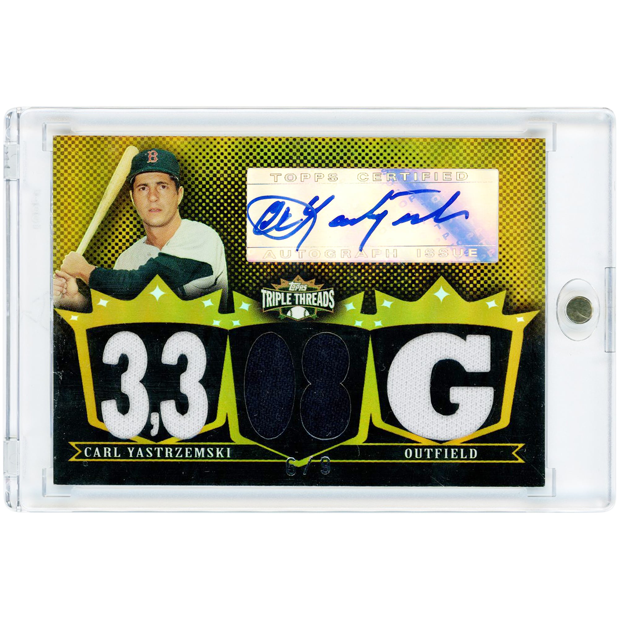 Carl Yastrzemski Boston Red Sox Autographed 2007 Topps Triple Threads Multi Game Used Relic Gold #TTRA-69 #6/9 Card